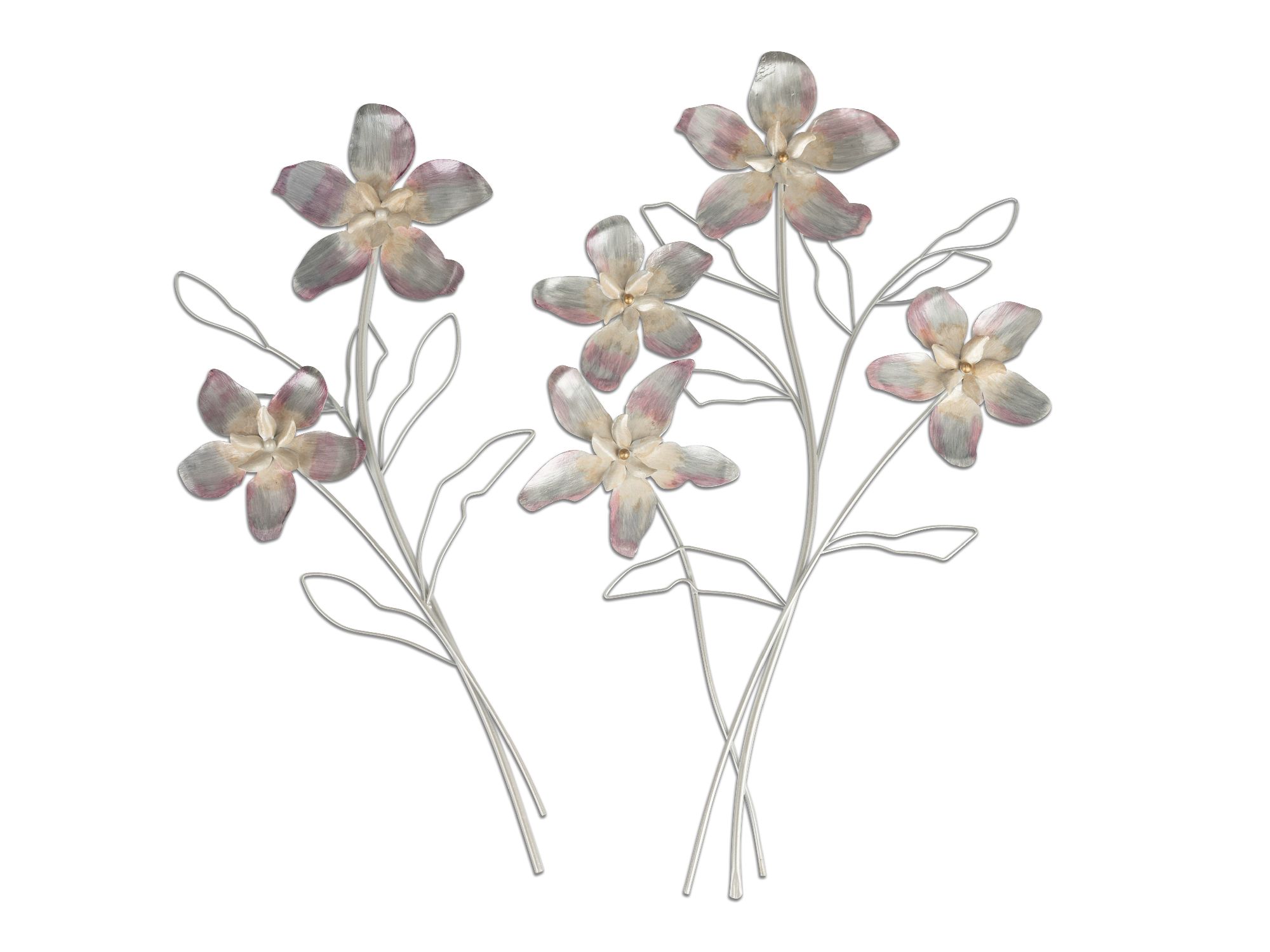 Zwei stilisierte Blumensträuße mit weißen und rosa Blüten auf einem weißen Hintergrund. Die Stängel sind dünn und geschwungen.