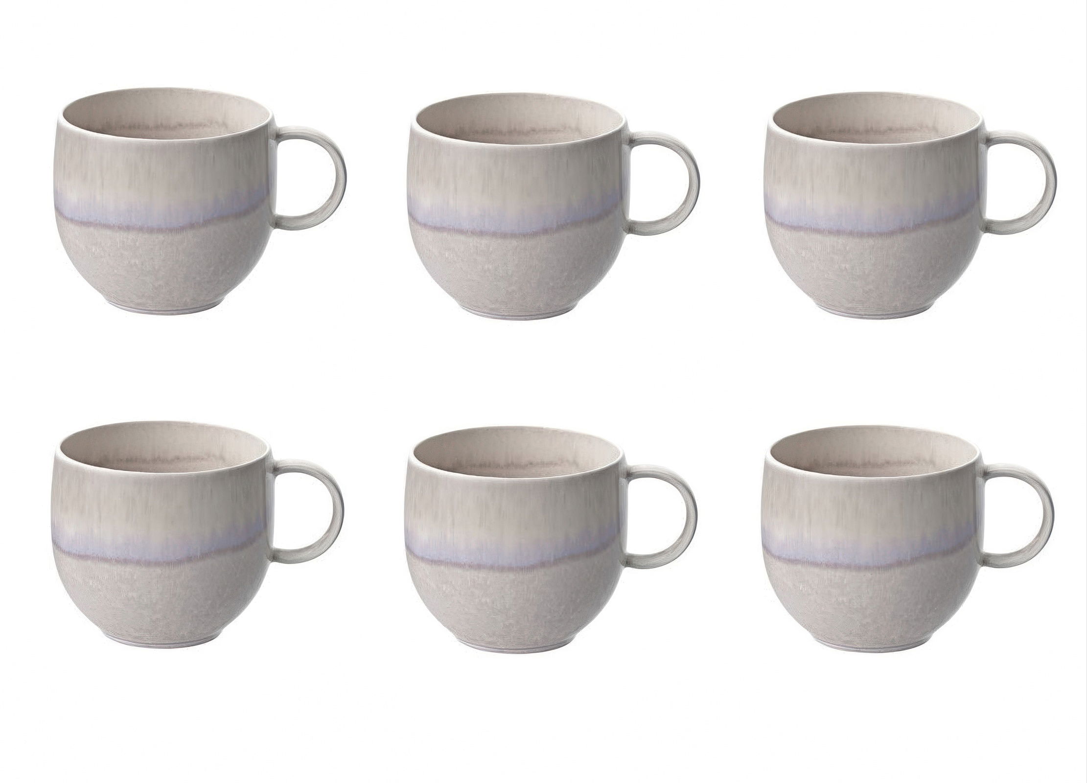 Sechs Tassen in verschiedenen Positionen, aus hellem Keramikmaterial mit einem sanften Farbverlauf in Grau und Blau.