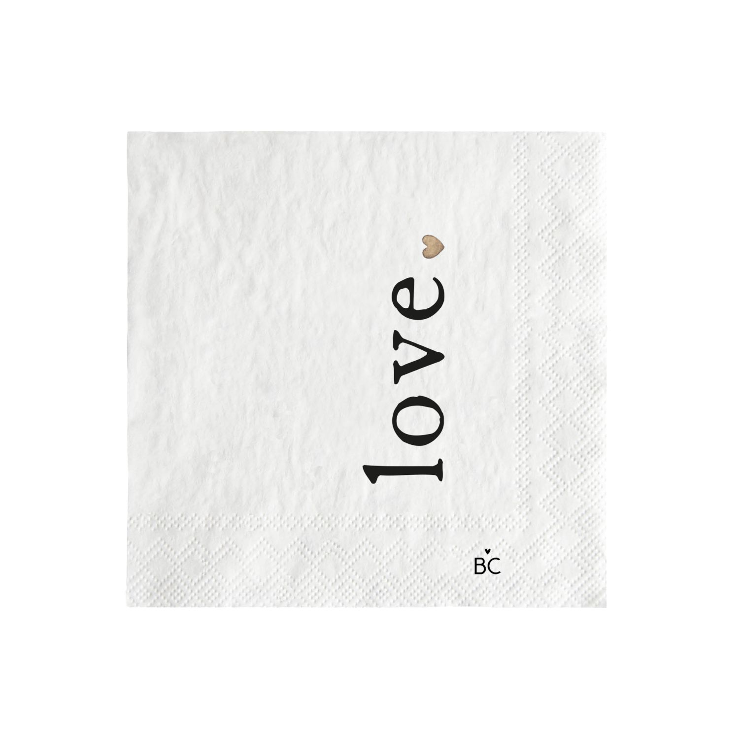 Weiße Serviette mit dem Wort ""love"" in schwarzer Schrift und einem kleinen Herz