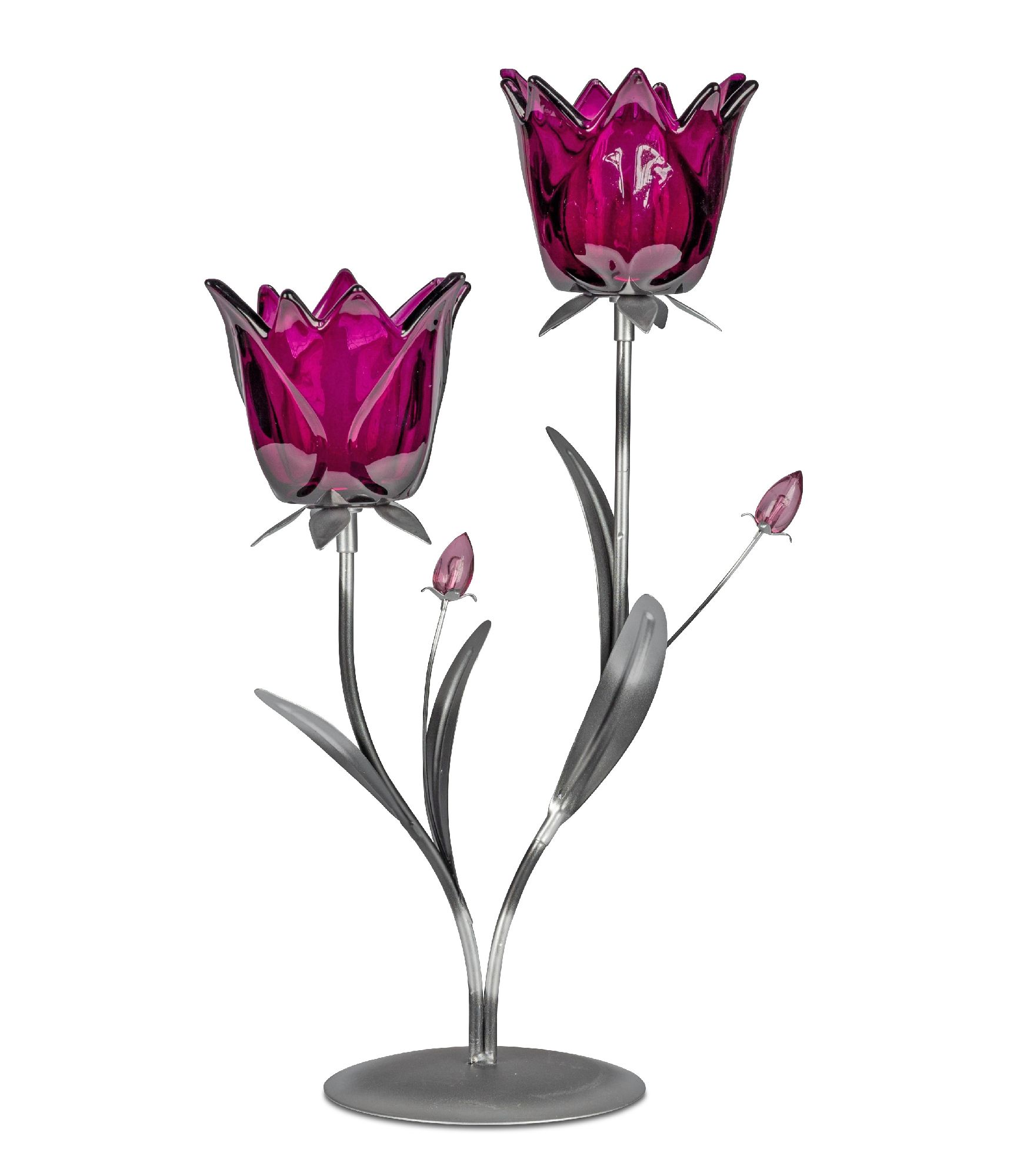 Zwei stilisierte, lila-glänzende Tulpen aus Glas stehen auf einem silbernen Metallfuß, umgeben von g