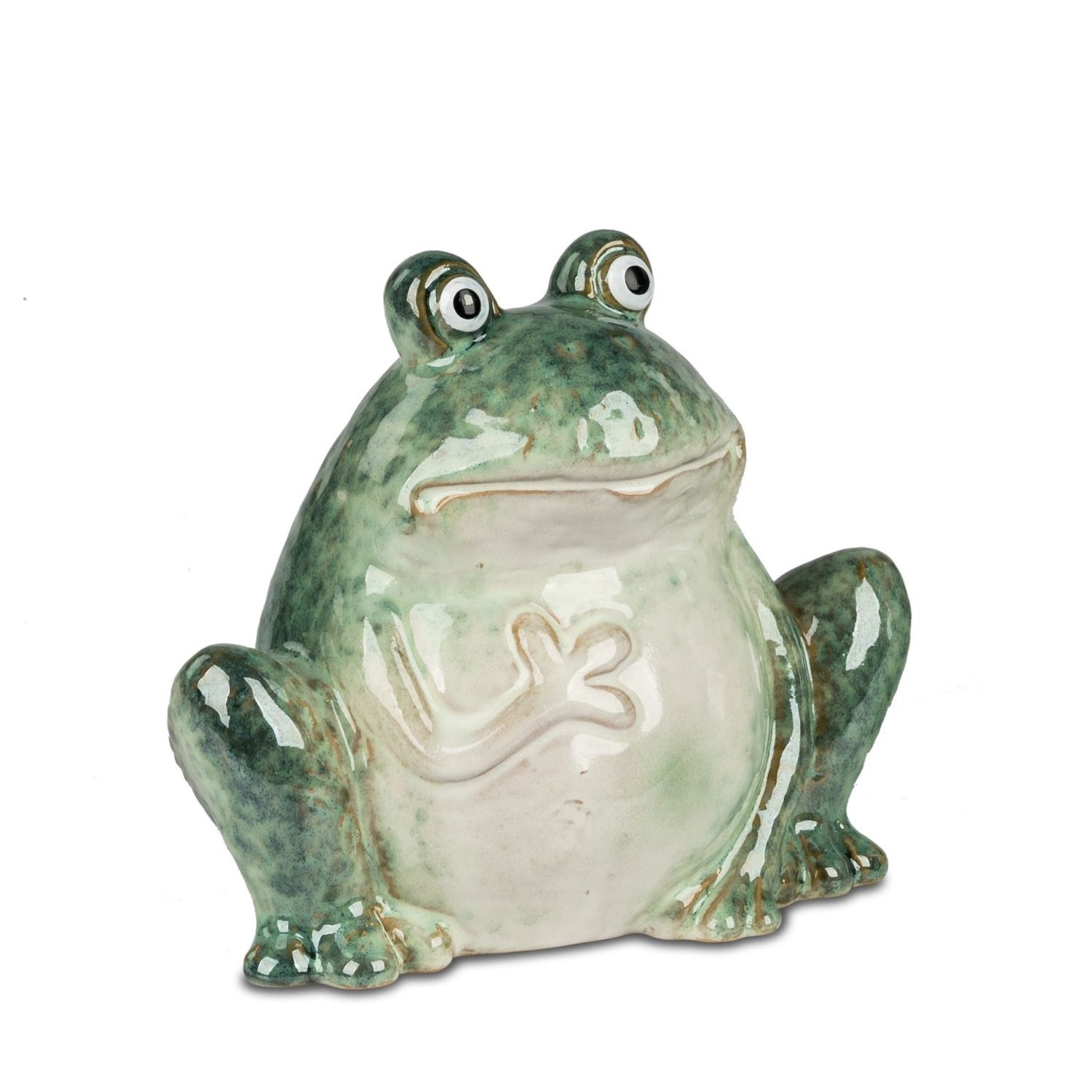 Grüne Froschfigur aus Keramik mit großen Augen, sitzend vor weißem Hintergrund
