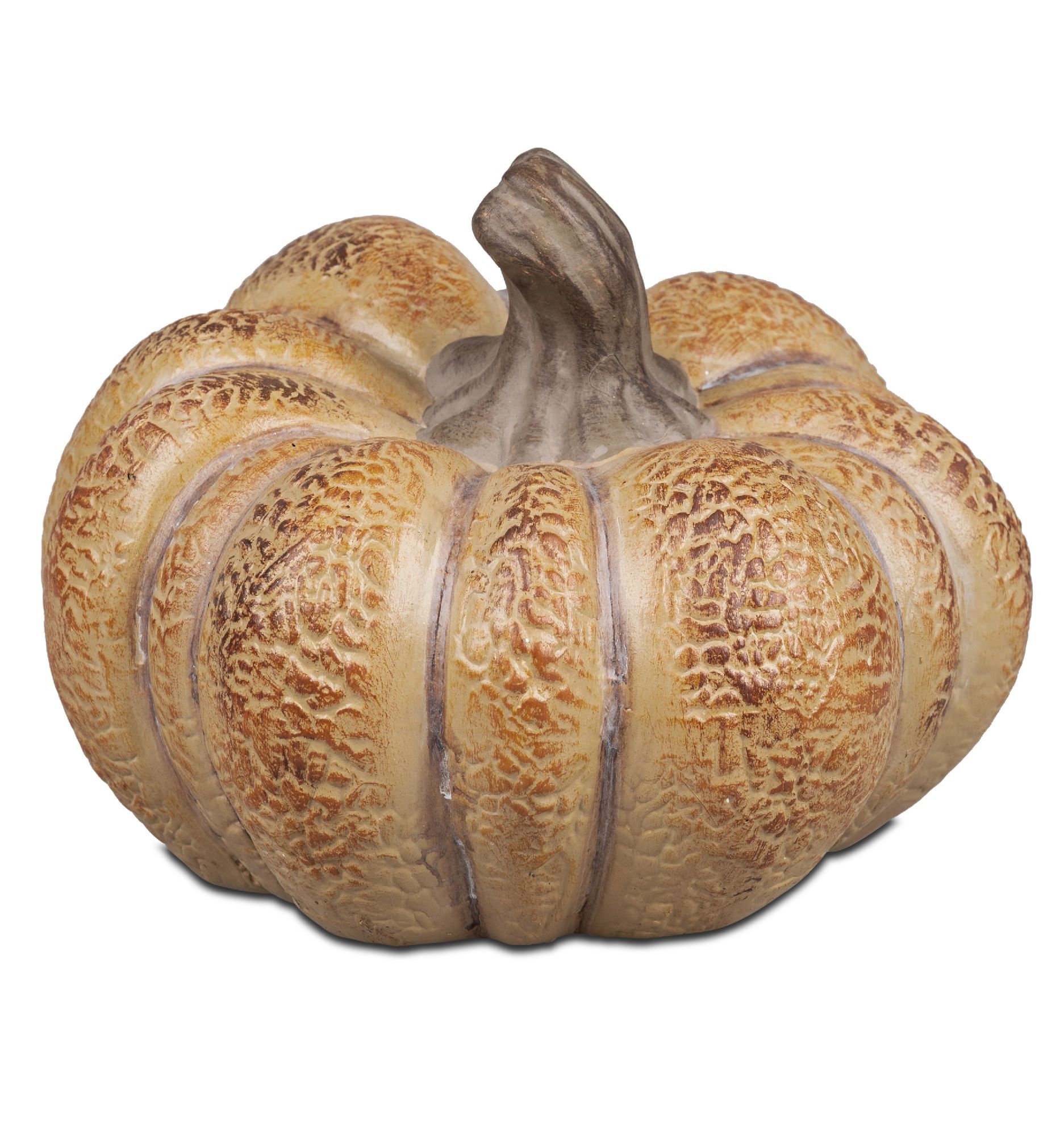 Eine runde, orangefarbene Kürbis-Dekoration mit einer strukturierten Oberfläche und einem kurzen, braunen Stiel.