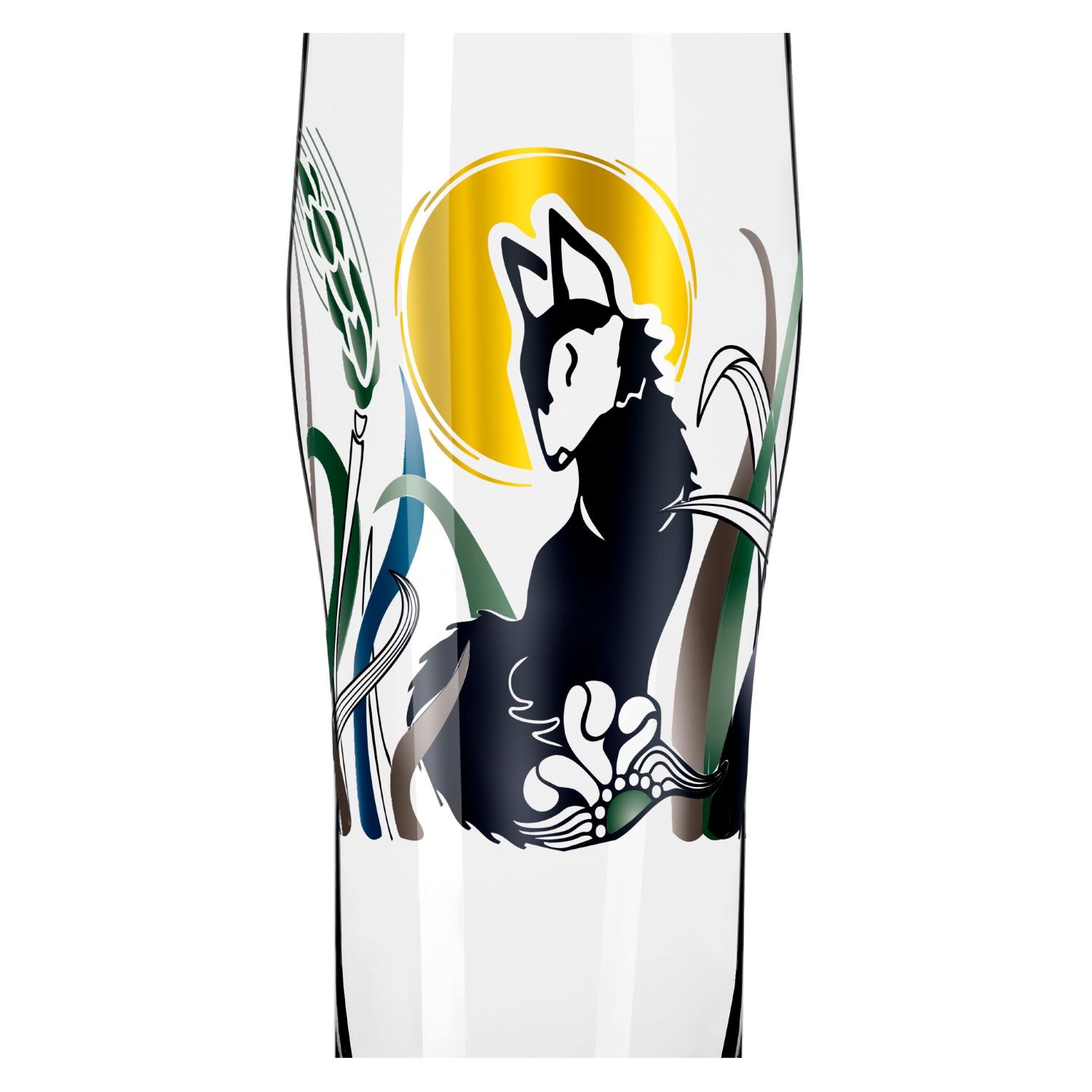 Ein Glas mit einer Illustration eines sitzenden schwarzen Wolfes vor einem gelben Sonnenkreis, umgeben von Pflanzen.