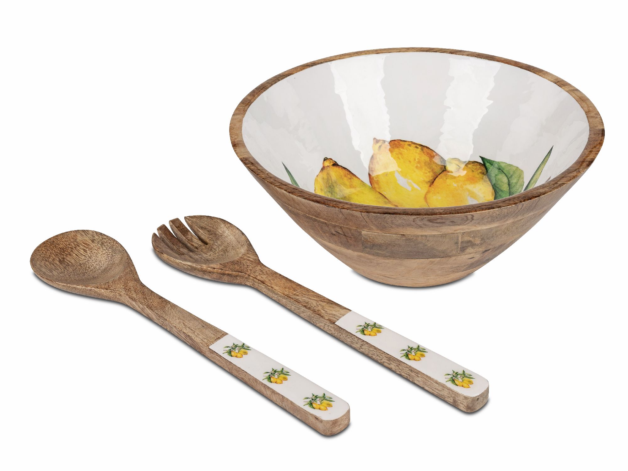Holzschüssel mit Zitronenmotiv und zwei Holzutensilien, einem Löffel und einer Gabel, mit Zitronenve