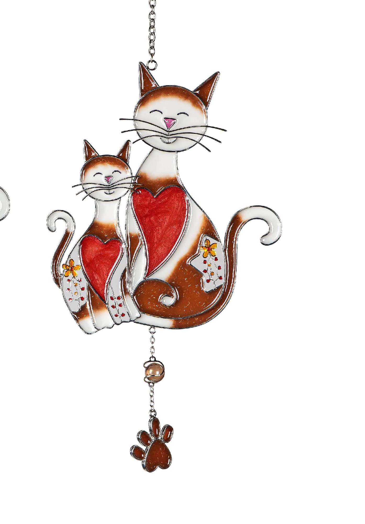 Zwei stilisierte Katzenfiguren aus Glas, eine große und eine kleine, mit roten Herzen und einem Pfot