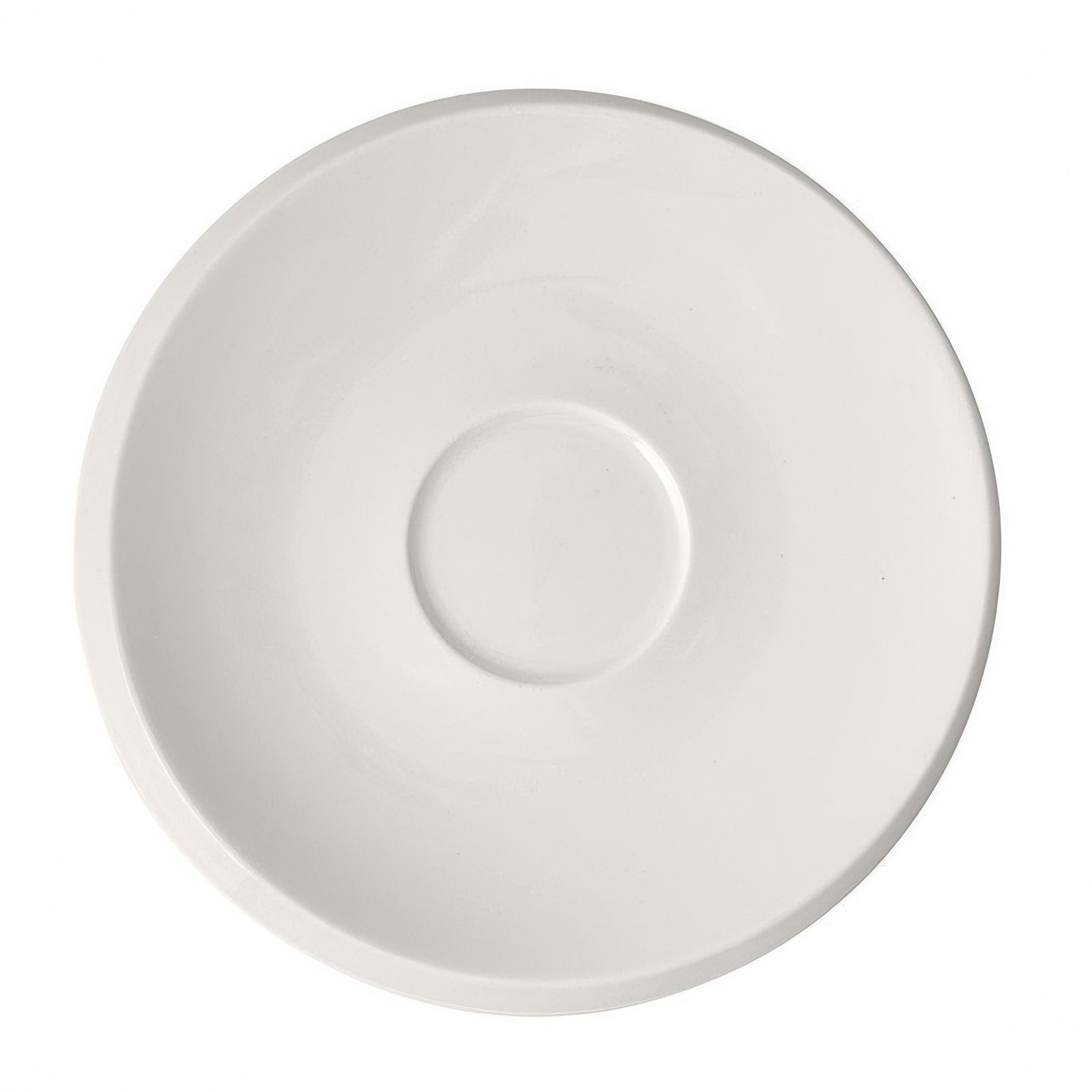 Weißer, runder Teller mit leicht erhöhtem Rand und einer Vertiefung in der Mitte.