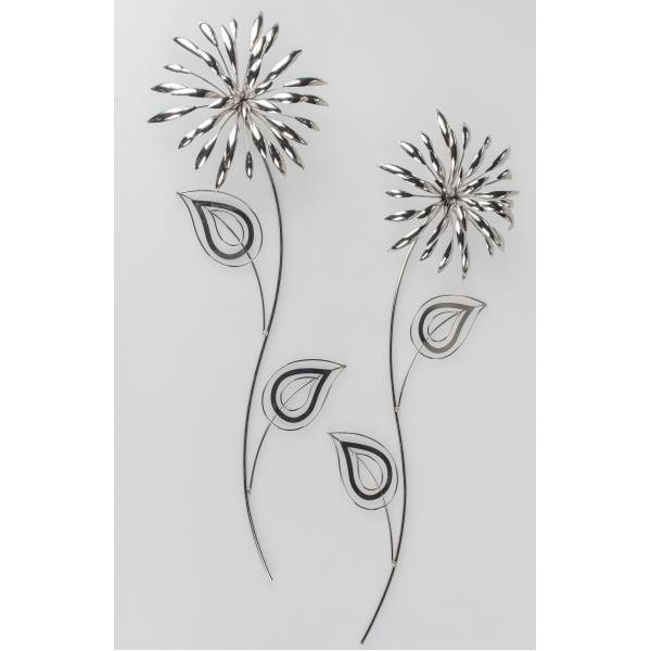 2er Set Wanddeko, Wandbild BLUMEN H. 70cm silber je 2 Blüten Metall Formano