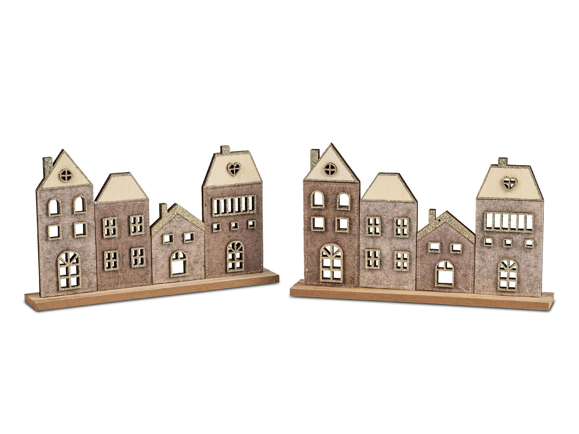 Zwei Reihen von stilisierten Holzhäusern in verschiedenen Formen und Größen, mit Fenstern und Türen, auf einer Holzplatte.