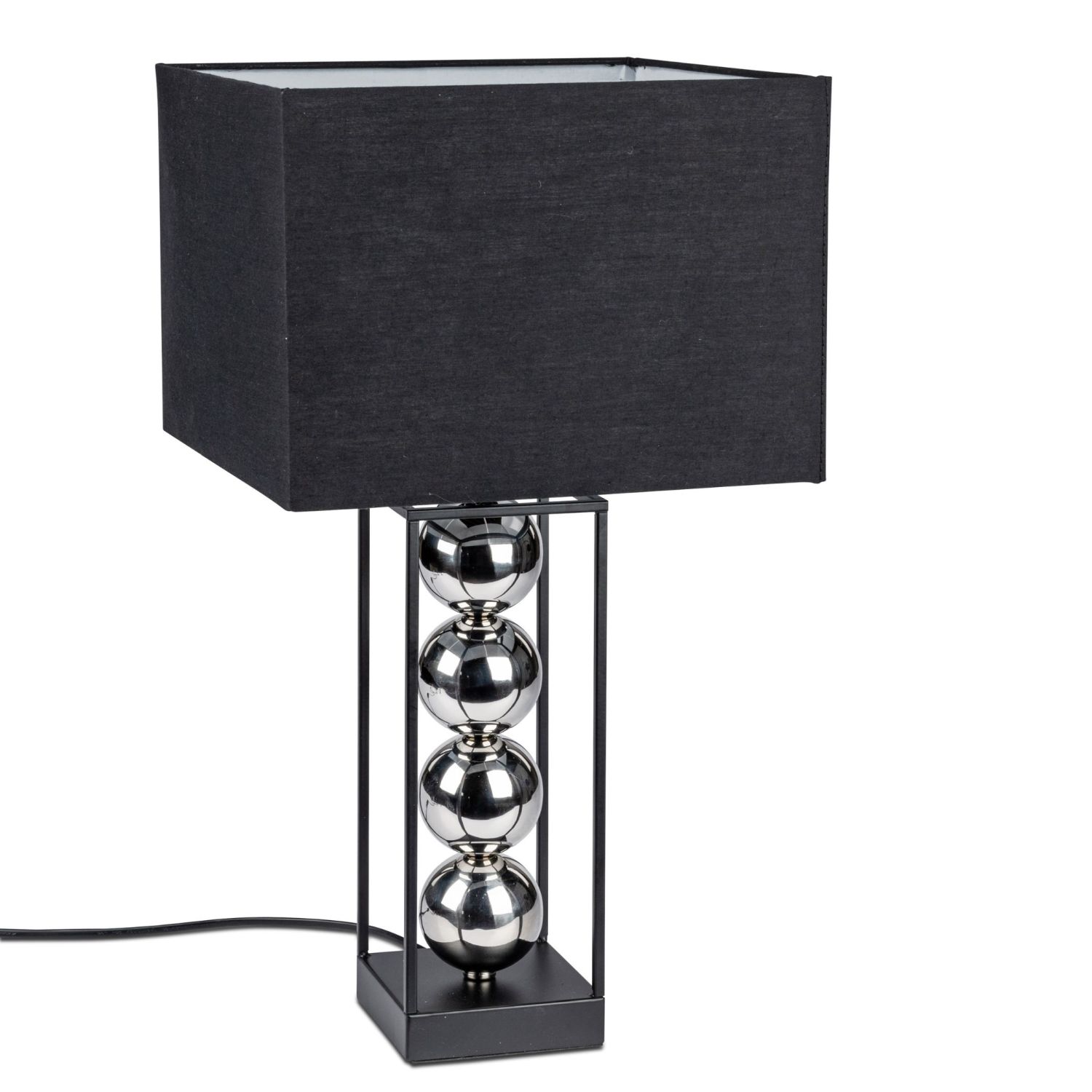 Tischlampe mit schwarzem Lampenschirm und glänzenden Kugeln als Fuß
