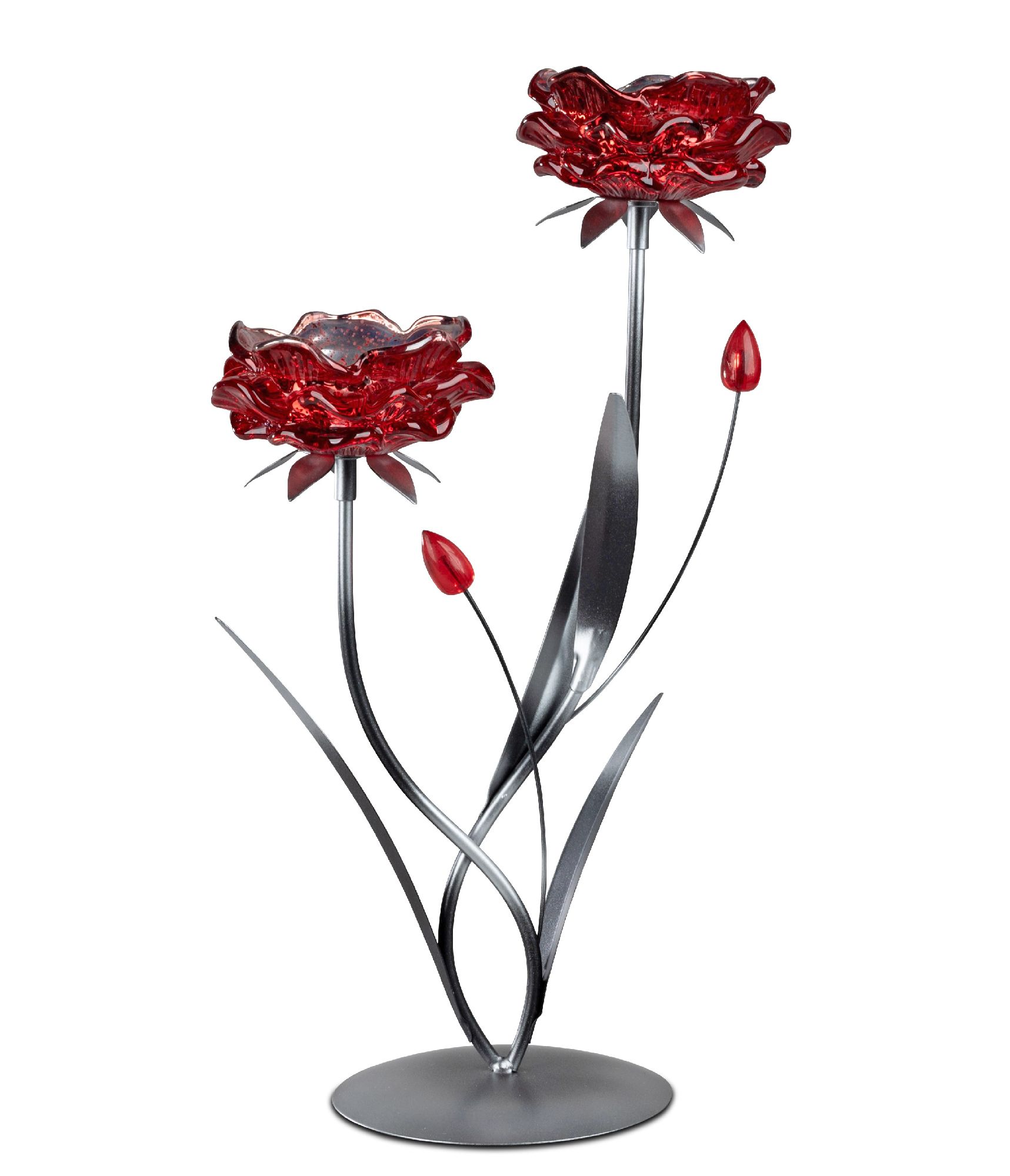 Dekorative Tischlampe in Form von roten Blumen aus Glas, montiert auf einem silbernen Metallgestell