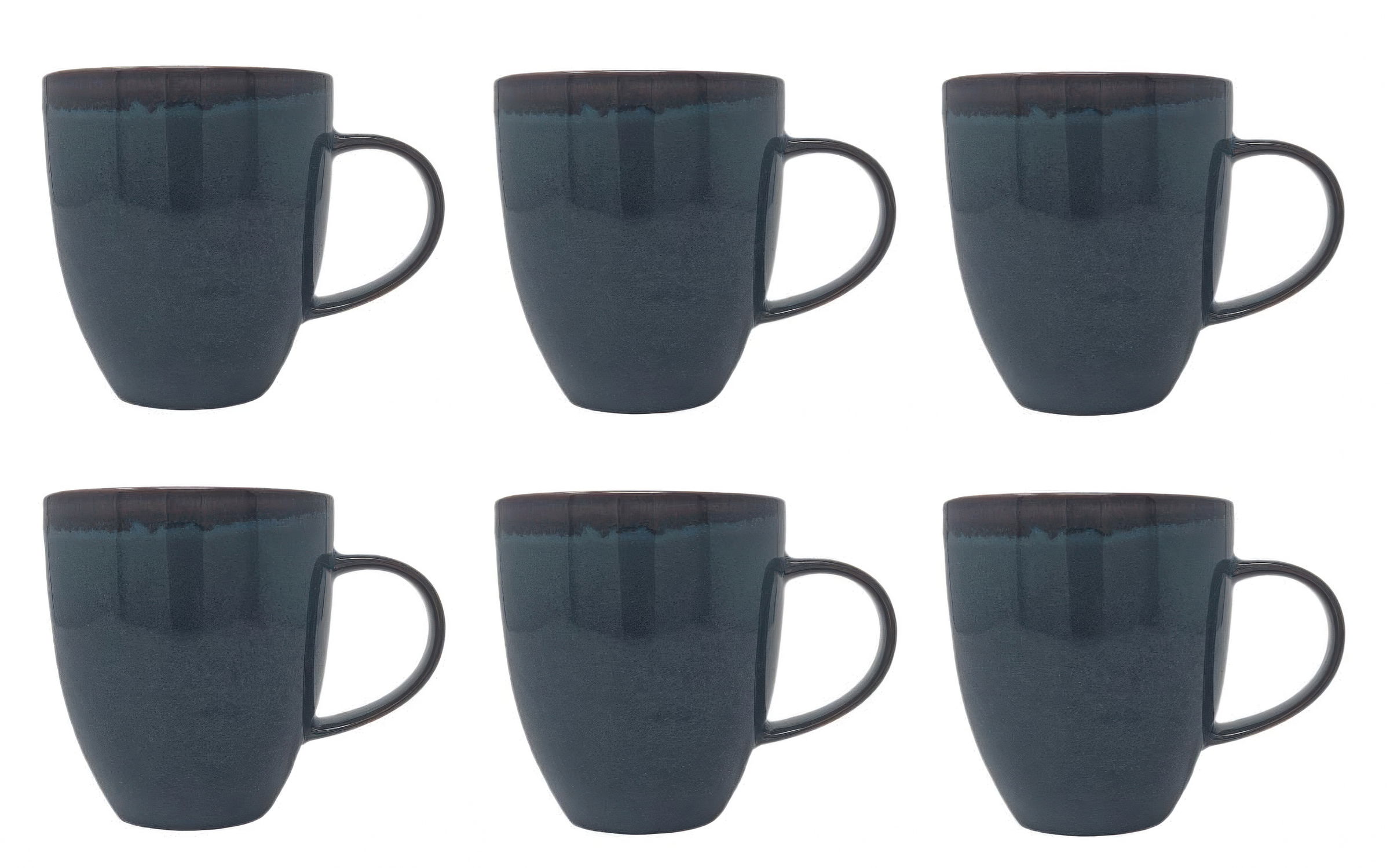 Sechs dunkelblaue Tassen stehen in zwei Reihen nebeneinander. Jede Tasse hat einen Henkel und eine glatte Oberfläche.