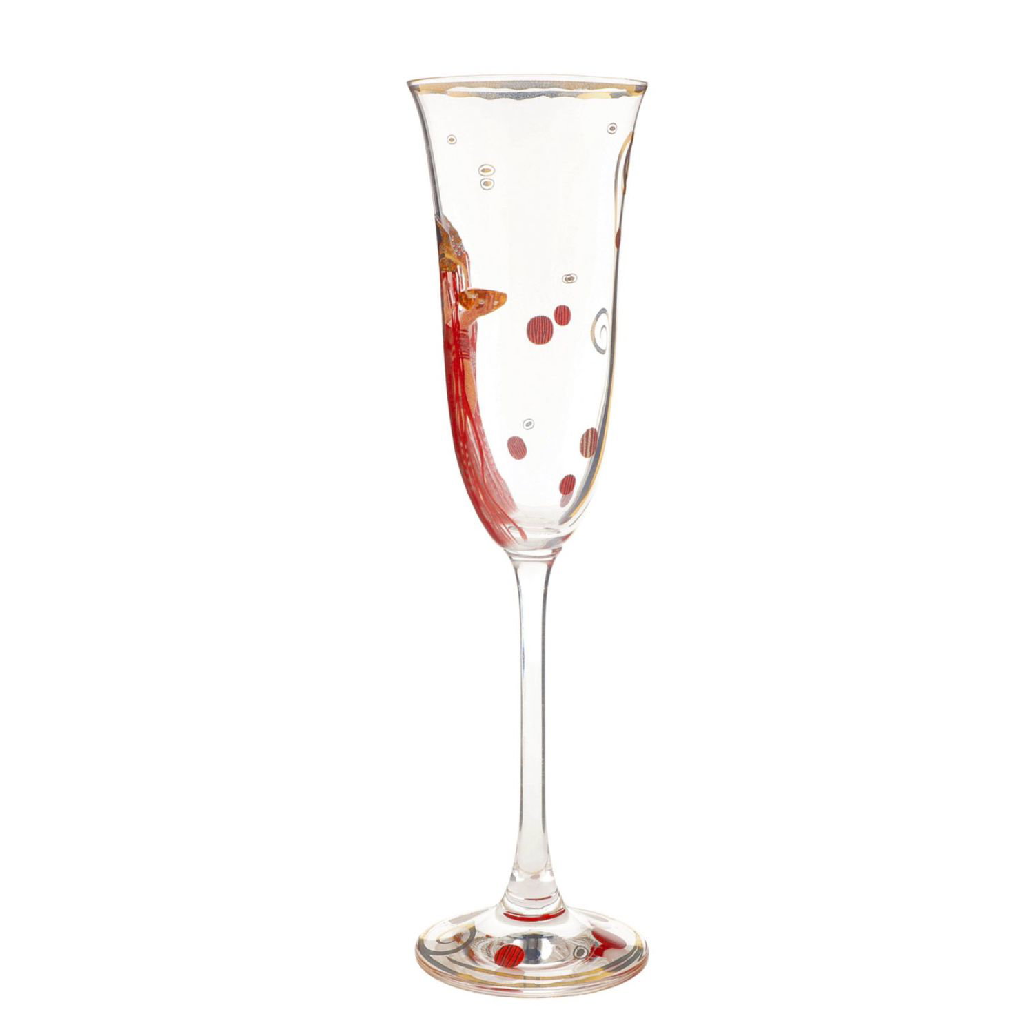 Ein elegantes Sektglas mit roten Punkten und Blasen im Inneren