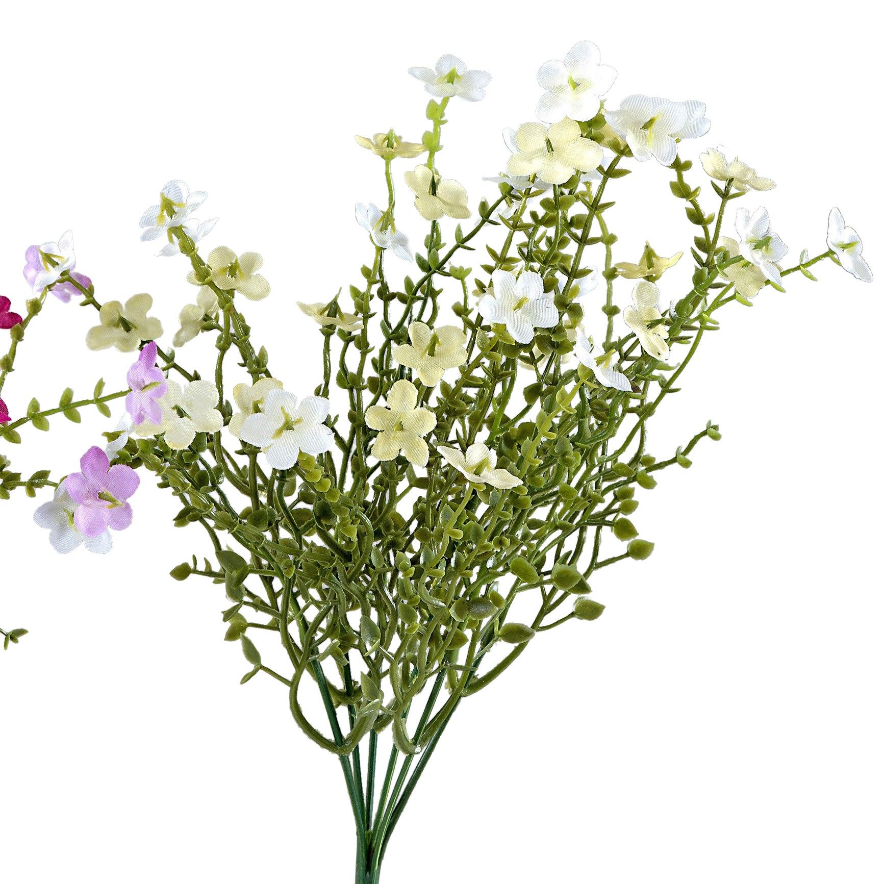 Ein Strauß aus künstlichen Blumen in Weiß, Gelb und Lila, mit grünen Stielen und Blättern.