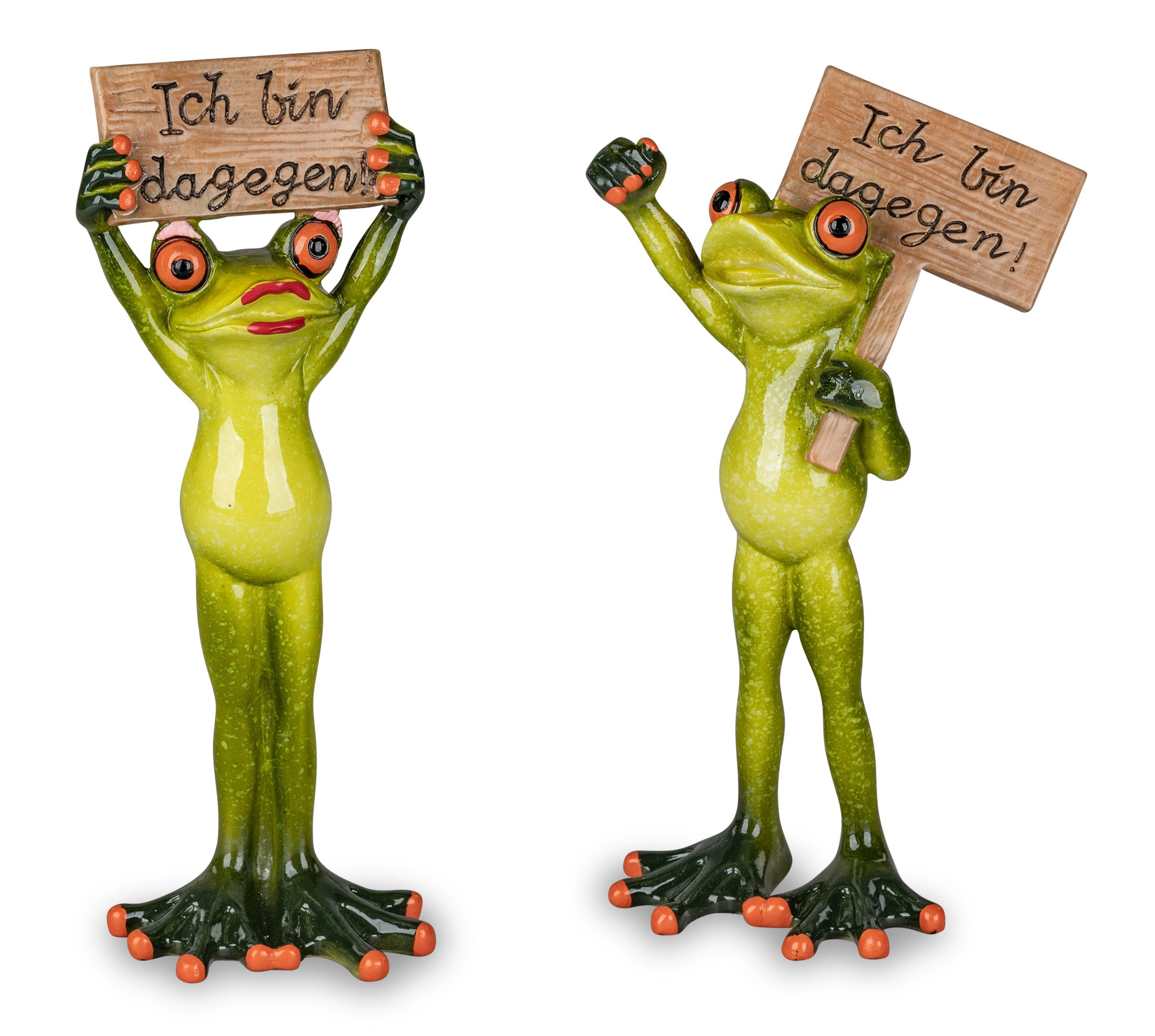 Zwei grüne Froschfiguren halten Schilder mit der Aufschrift „Ich bin dagegen!“ in den Händen.