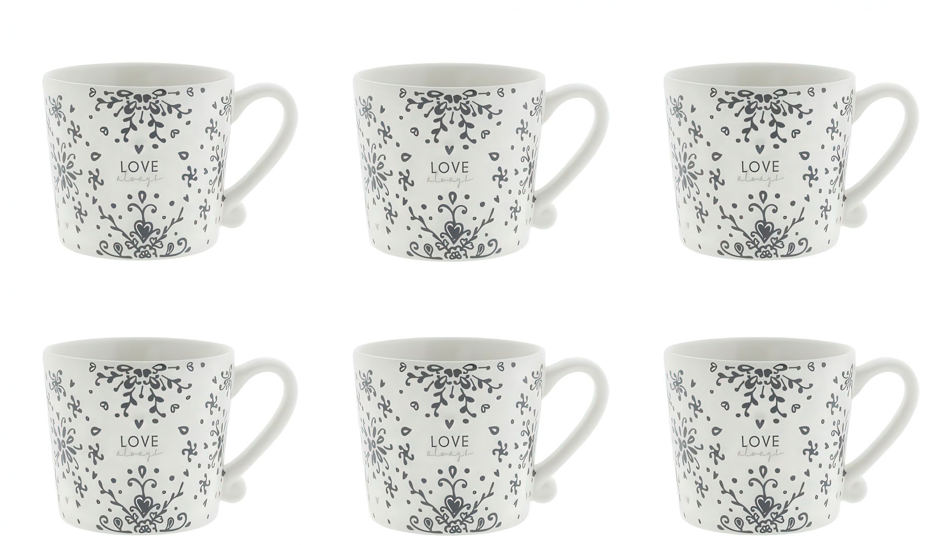 Sechs weiße Tassen mit schwarzem, floralem Muster und dem Wort "LOVE" in der Mitte. Anordnung in zwei Reihen.