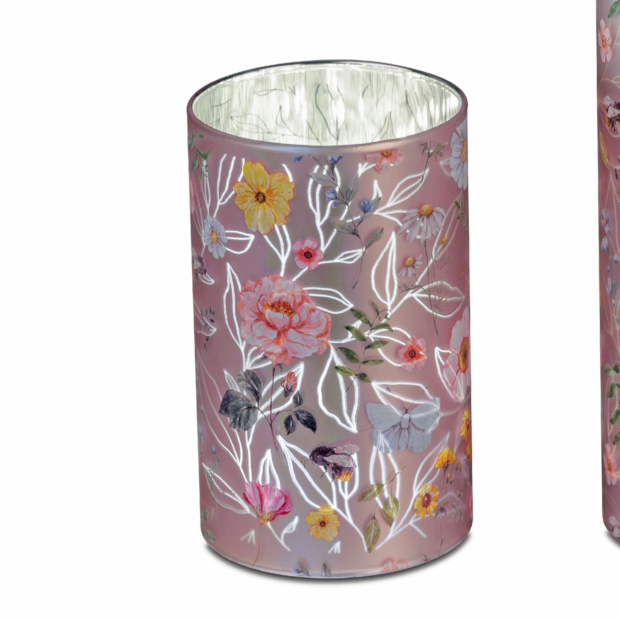 LED Tischlampe STREUBLUMEN Zylinder 15cm rosa silber Glas mit Timer von FORMANO