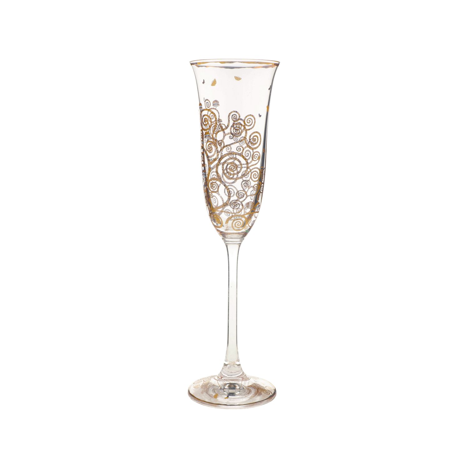 Schlankes Sektglas mit goldenen ornamentalen Wirbelmustern auf transparentem Glas