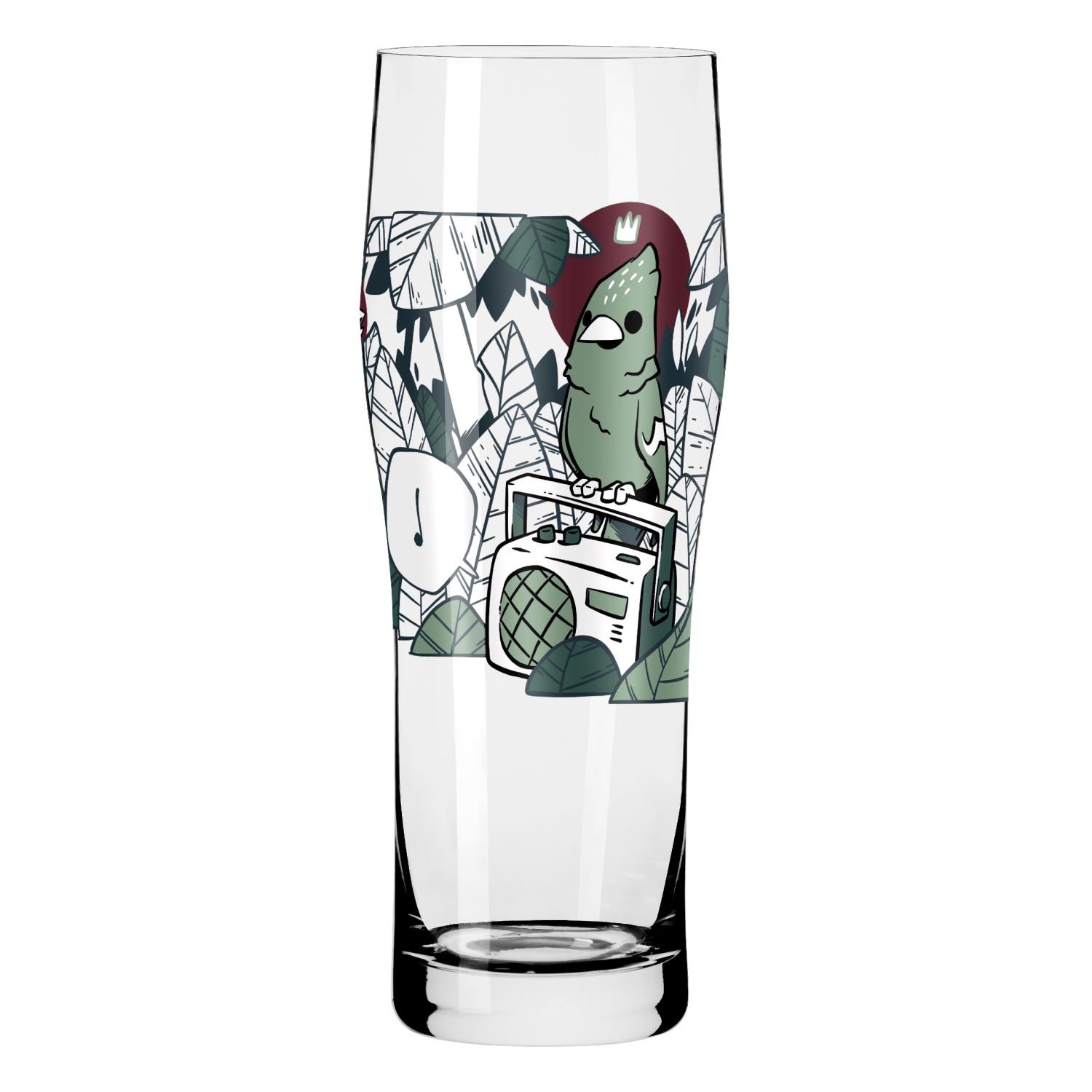 Ein hohes Glas mit buntem Druck: ein Vogel steht auf einem Kassettenrekorder, umgeben von Blättern und einer Noten-Symbolik.