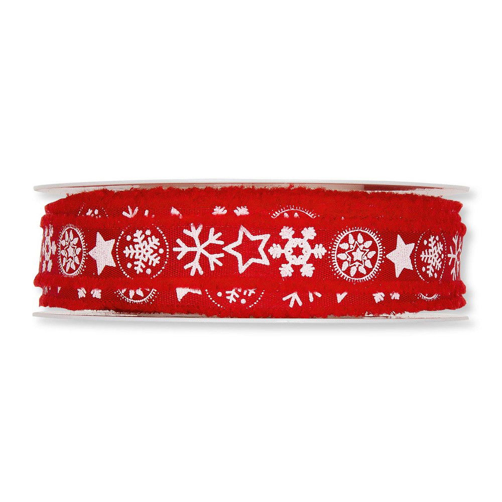 Schleifenband (1m = 0,60EUR) SCHNEESTERNE mit Fransen, rot 18mm, 20m Rolle, von HALBACH