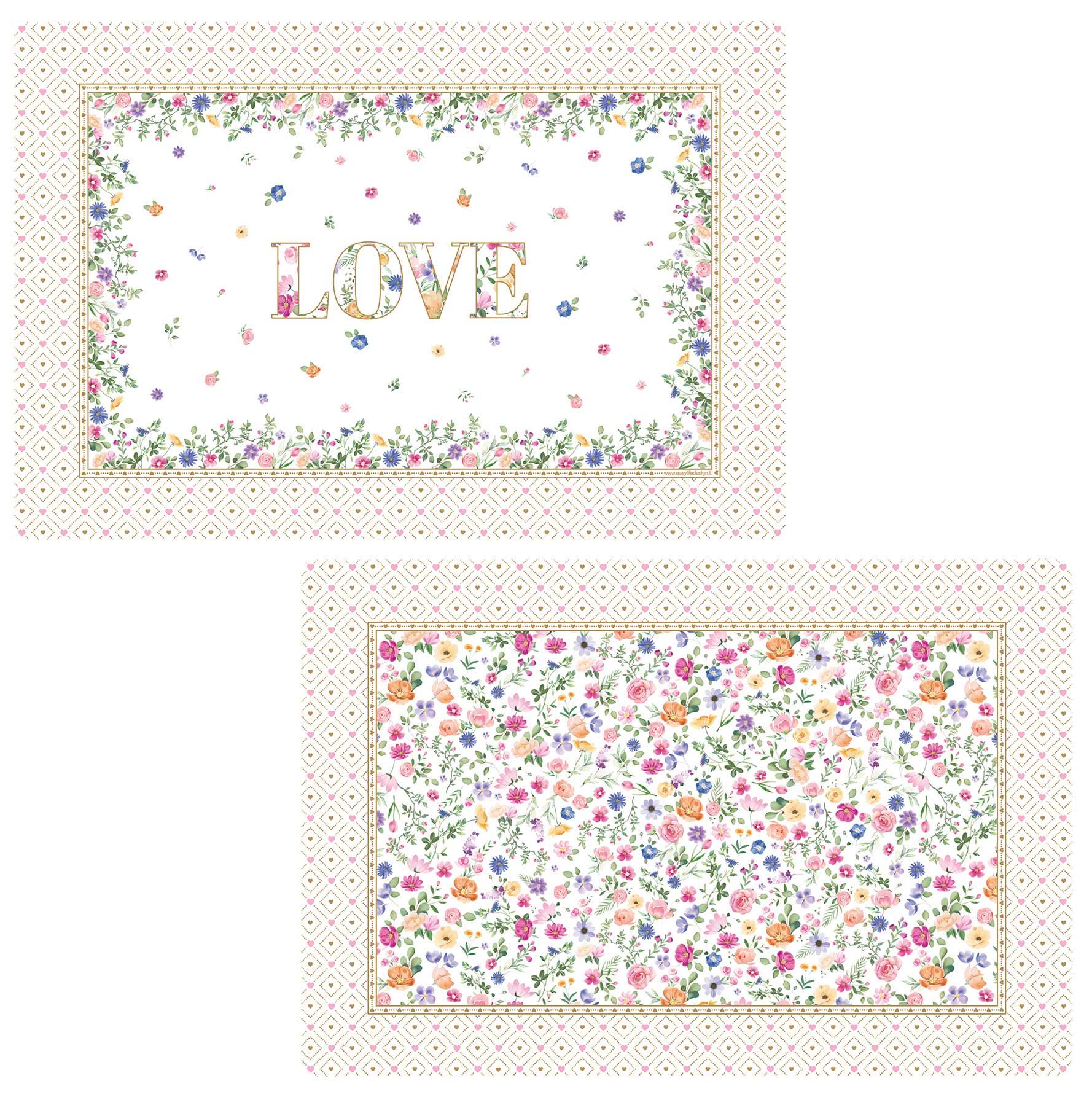 Zwei dekorative Karten mit Blumenmustern. Eine zeigt das Wort "LOVE" in der Mitte, die andere ist mit bunten Blumen gestaltet.