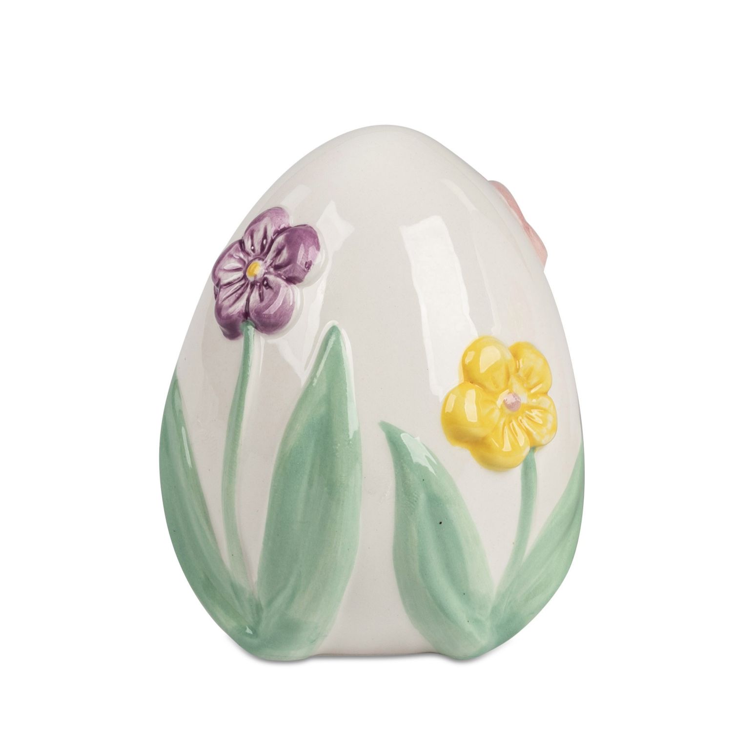 Weißes Keramik-Ei mit erhabenen bunten Blumen und grünen Blättern auf weißem Hintergrund