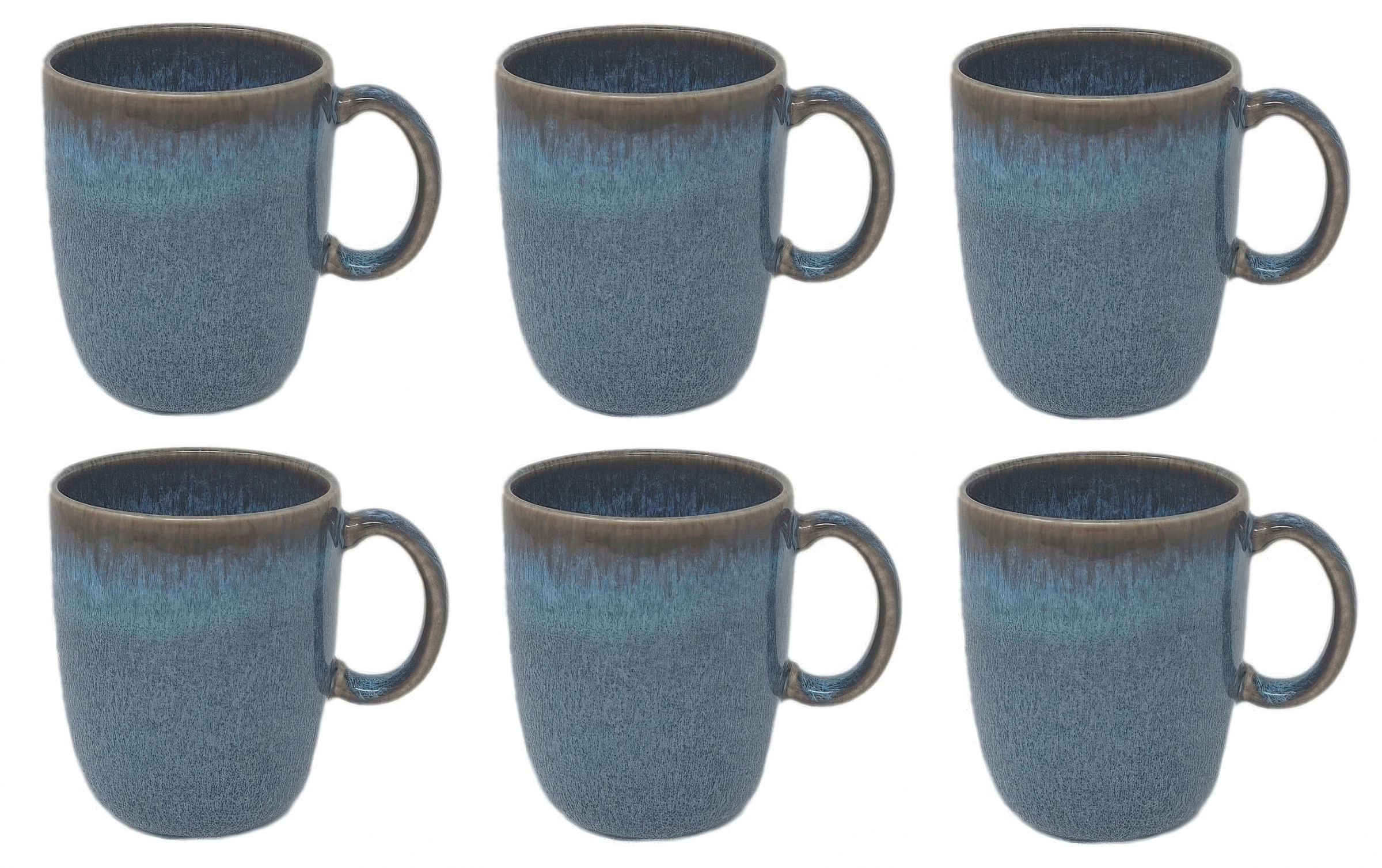 Sechs blaue Tassen mit einem Farbverlauf von Dunkelblau zu Hellblau, gleichmäßig angeordnet in zwei Reihen.