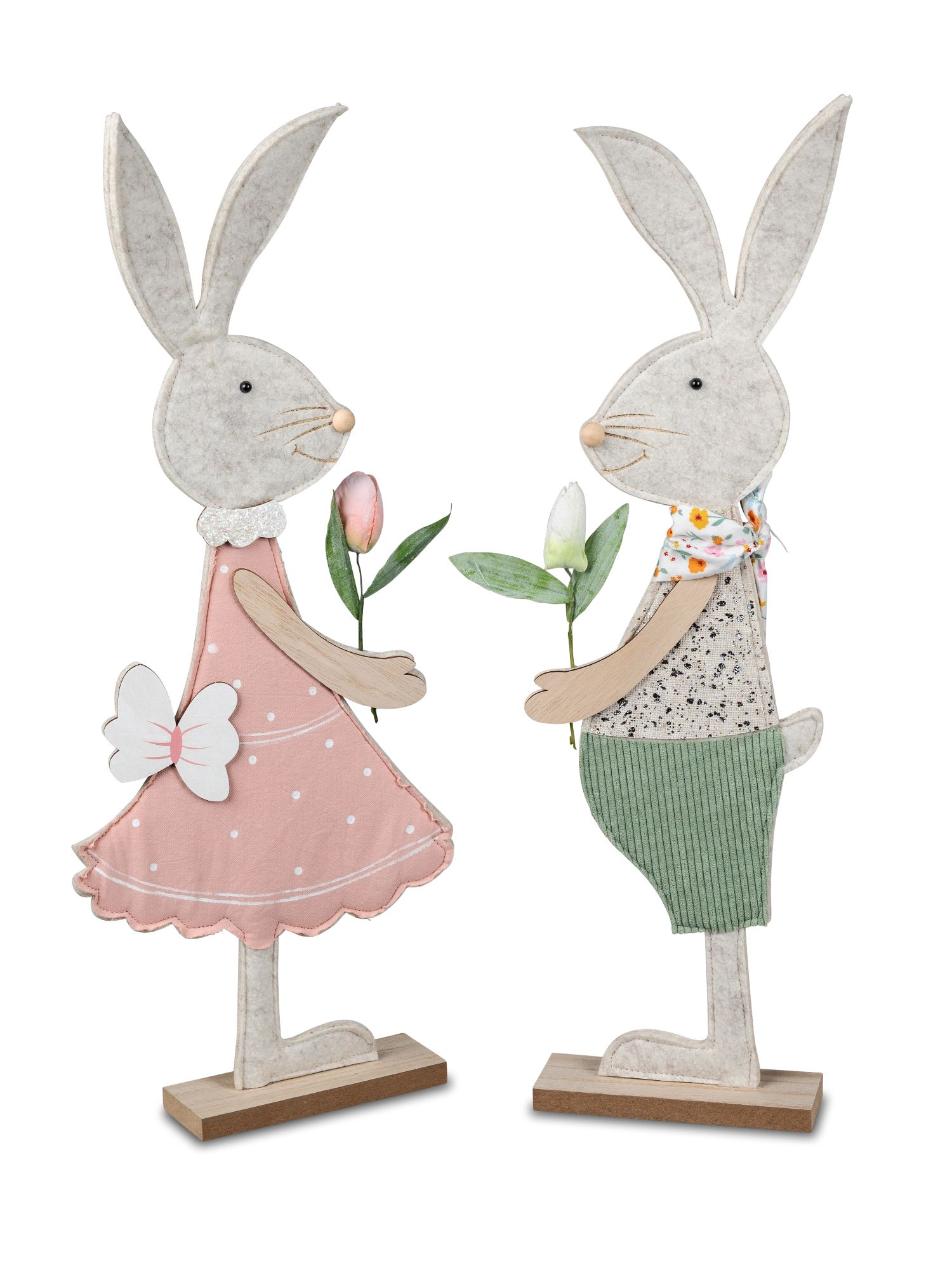 2er Set Dekofiguren Hasen Junge + Mädchen mit Blume Höhe 51cm Filz, von Formano