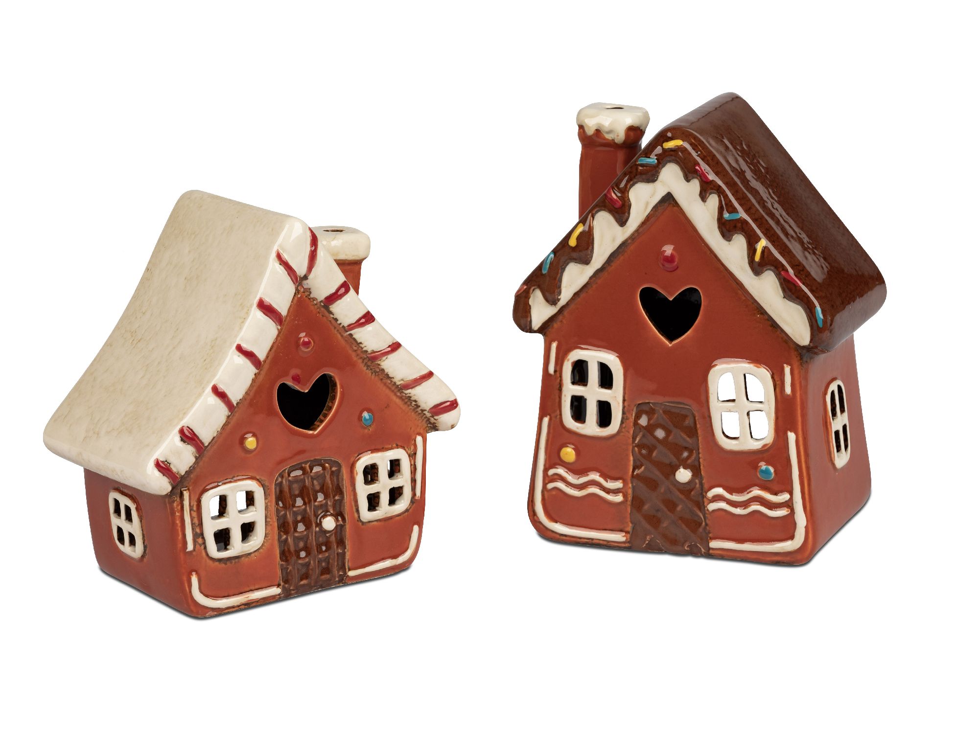 Zwei kleine, braune Häuser aus Keramik mit bunten Verzierungen und herzförmigen Fenstern. Eines hat