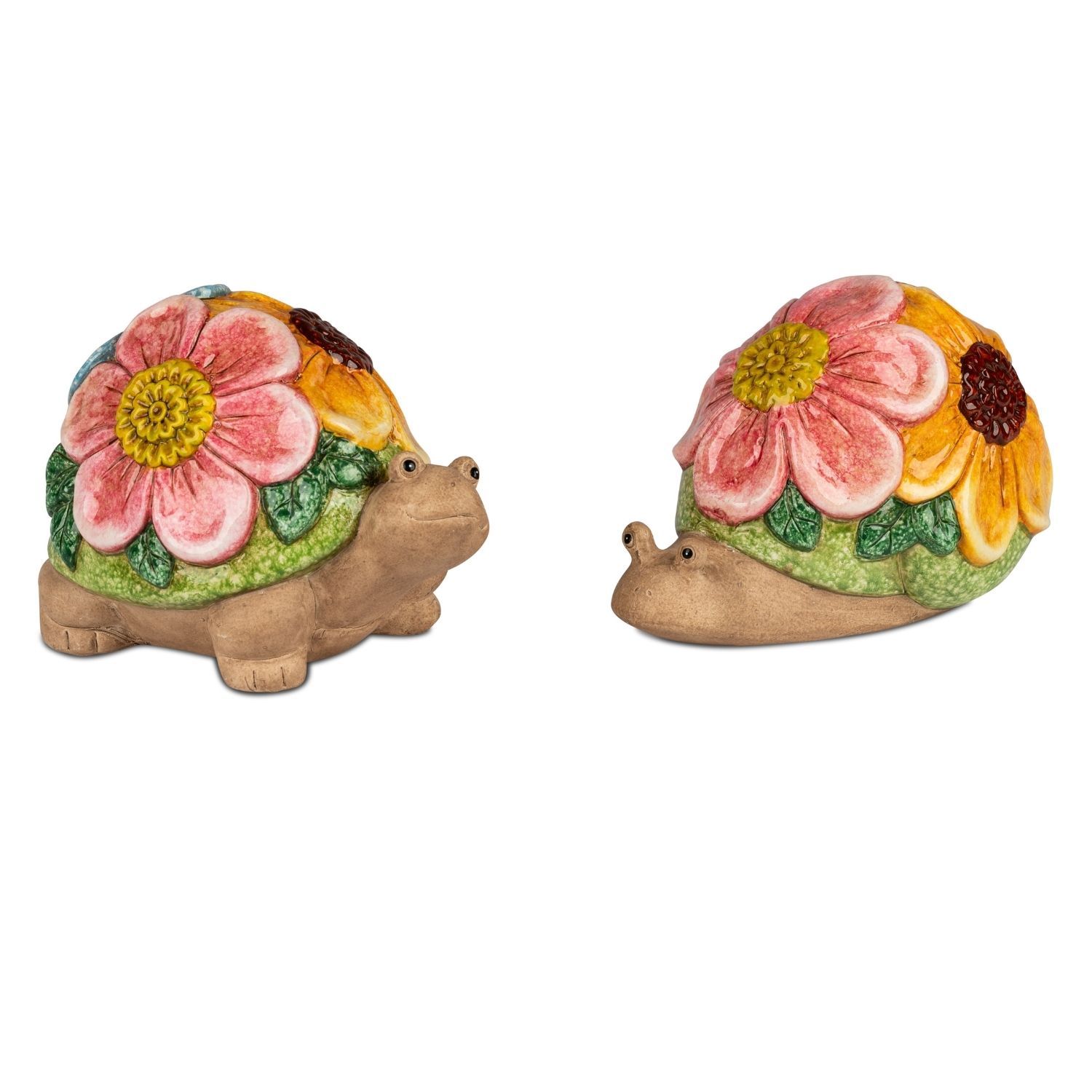 Zwei Schildkrötenfiguren mit bunten Blüten als Panzer vor weißem Hintergrund