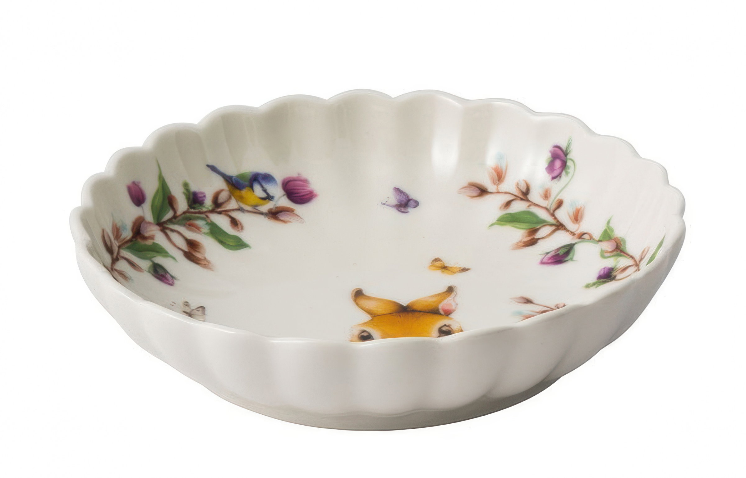 Schale aus Porzellan mit gewelltem Rand, verziert mit bunten Blumen, Vögeln und einem Tiermotiv in der Mitte.
