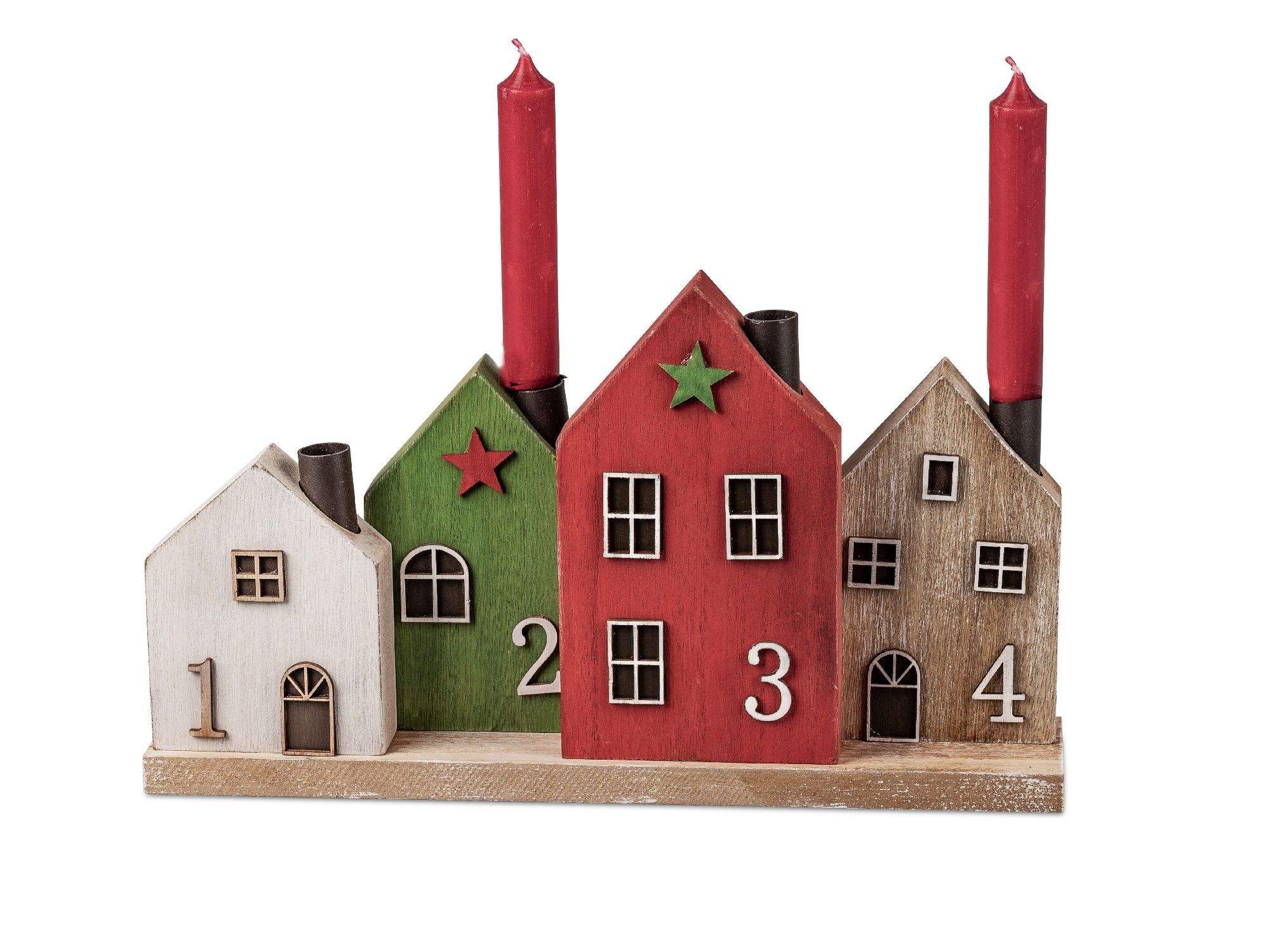 Dekorative Kerzenhalter in Form von vier bunten Häusern mit roten Kerzen, nummeriert von 1 bis 4.