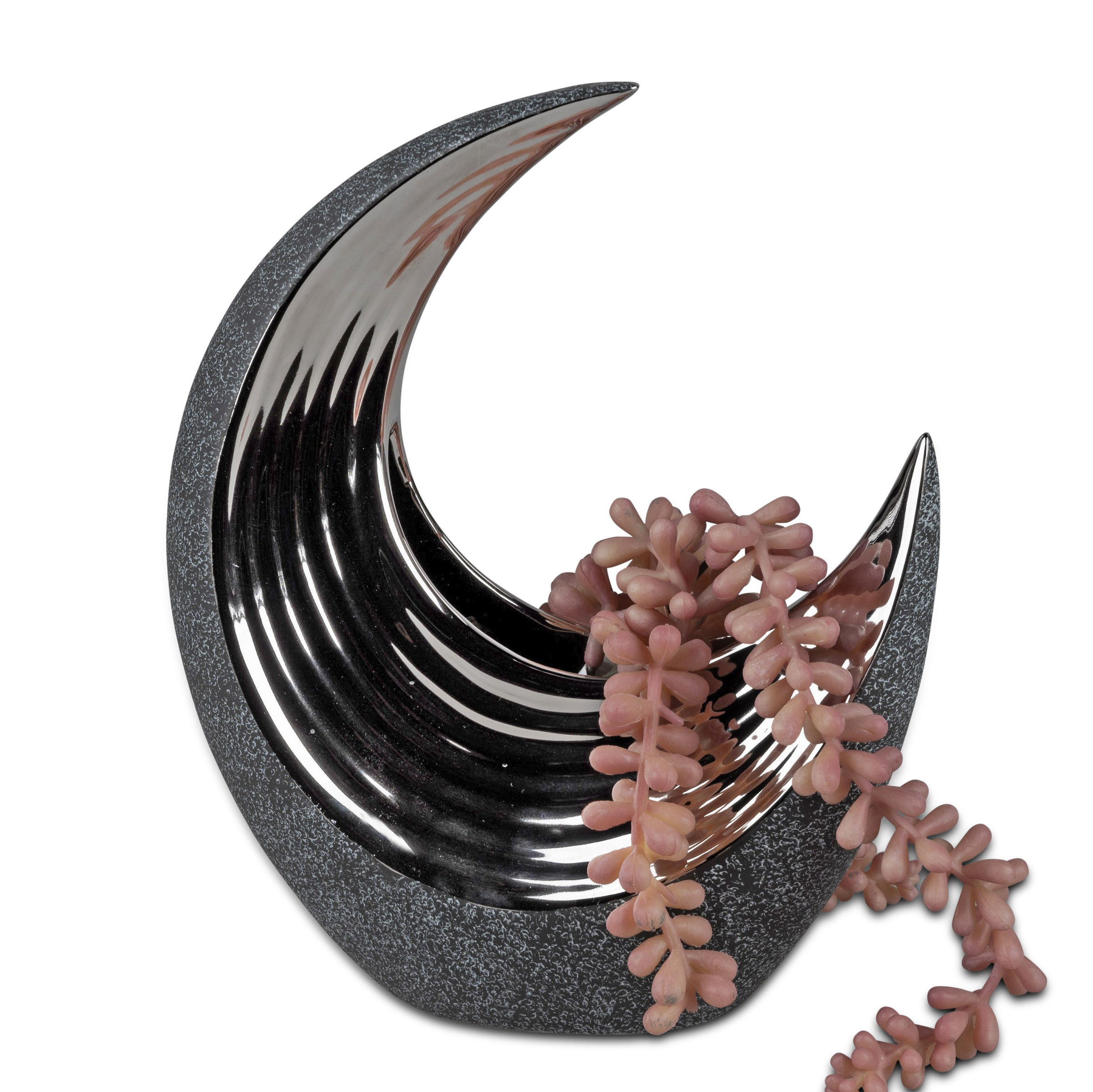 Deko Vase ANTHRAZIT Mondform mit Kugel Höhe 22cm silber grau Keramik von FORMANO