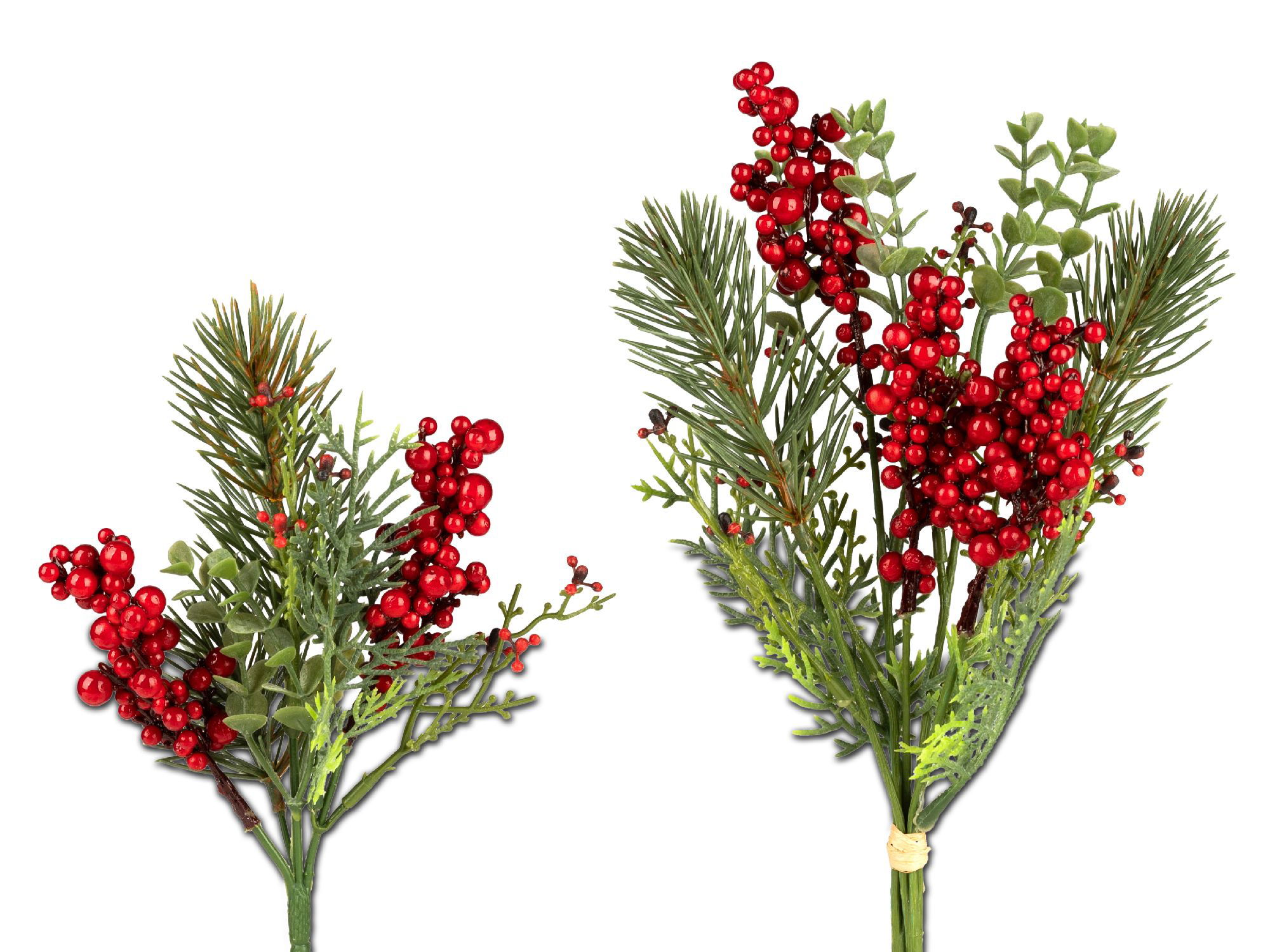 Zwei künstliche Blumenarrangements mit roten Beeren und grünen Blättern, auf weißem Hintergrund.