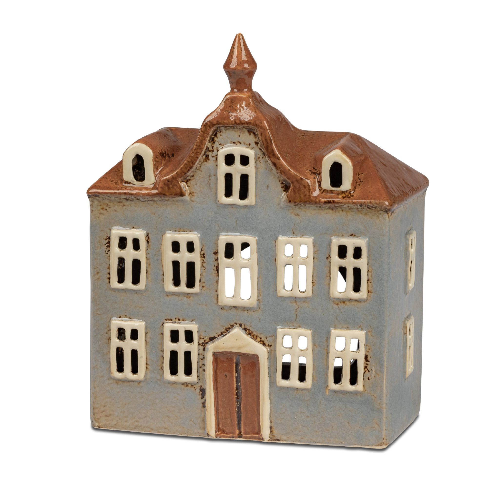 Keramisches Hausmodell in Blau und Braun mit mehreren Fenstern und einem spitzen Dach. Vorderseite m