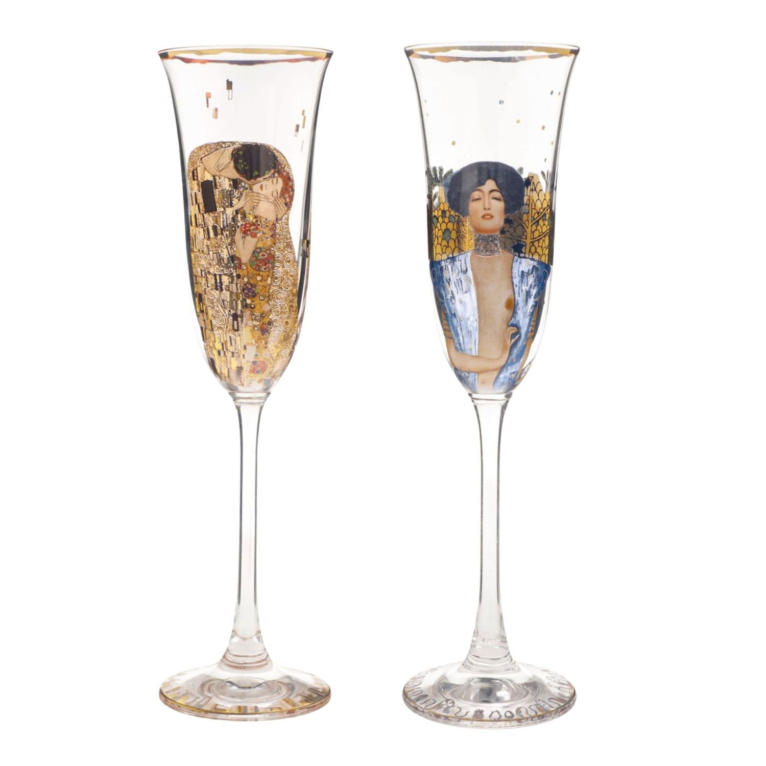 Zwei dekorative Sektgläser mit künstlerischen Motiven auf der Oberfläche
