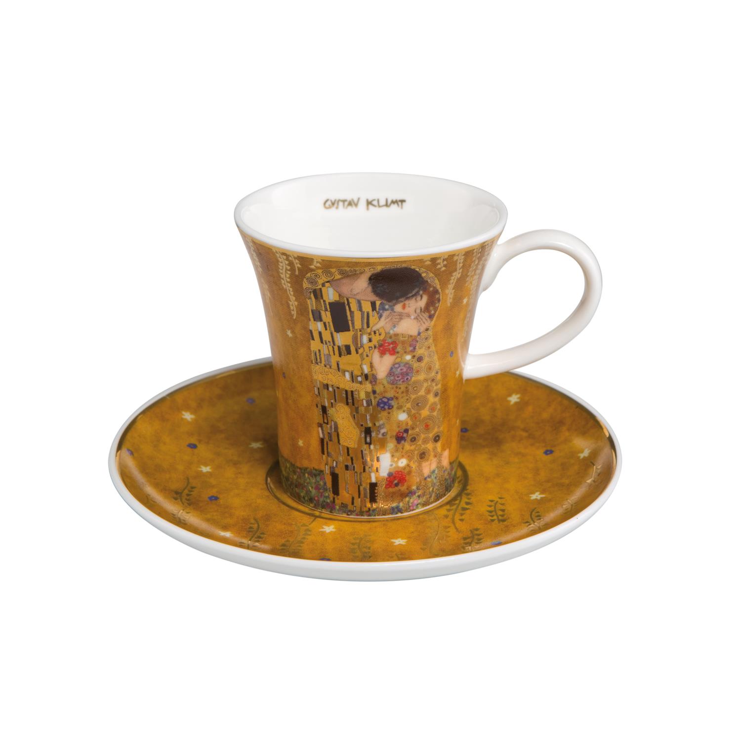 Tasse mit Untertasse, verziert mit einem goldenen Muster und einem Motiv, das an ein Gemälde von Gustav Klimt erinnert.