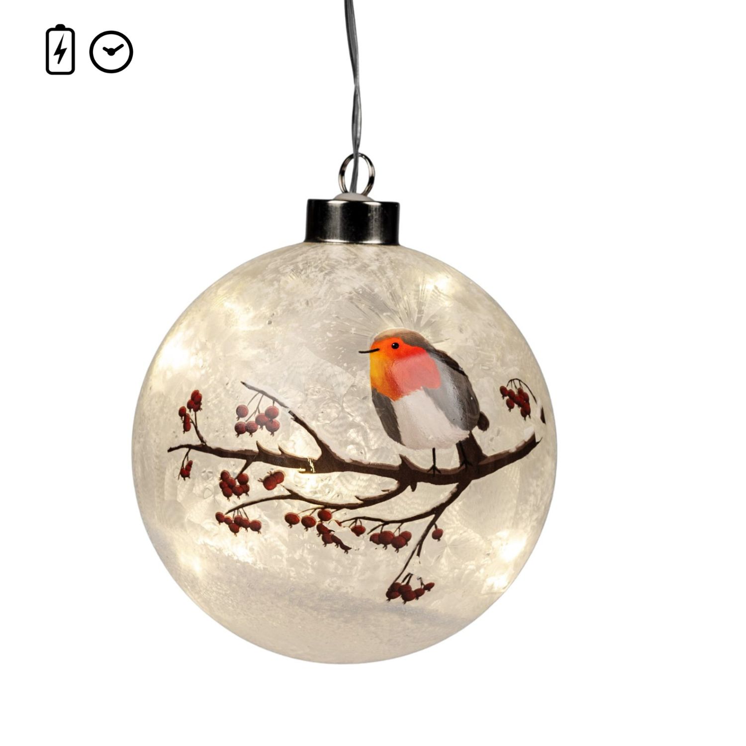 Hängende Glaskugel mit Licht, bemalt mit Vogel auf Zweig mit roten Beeren