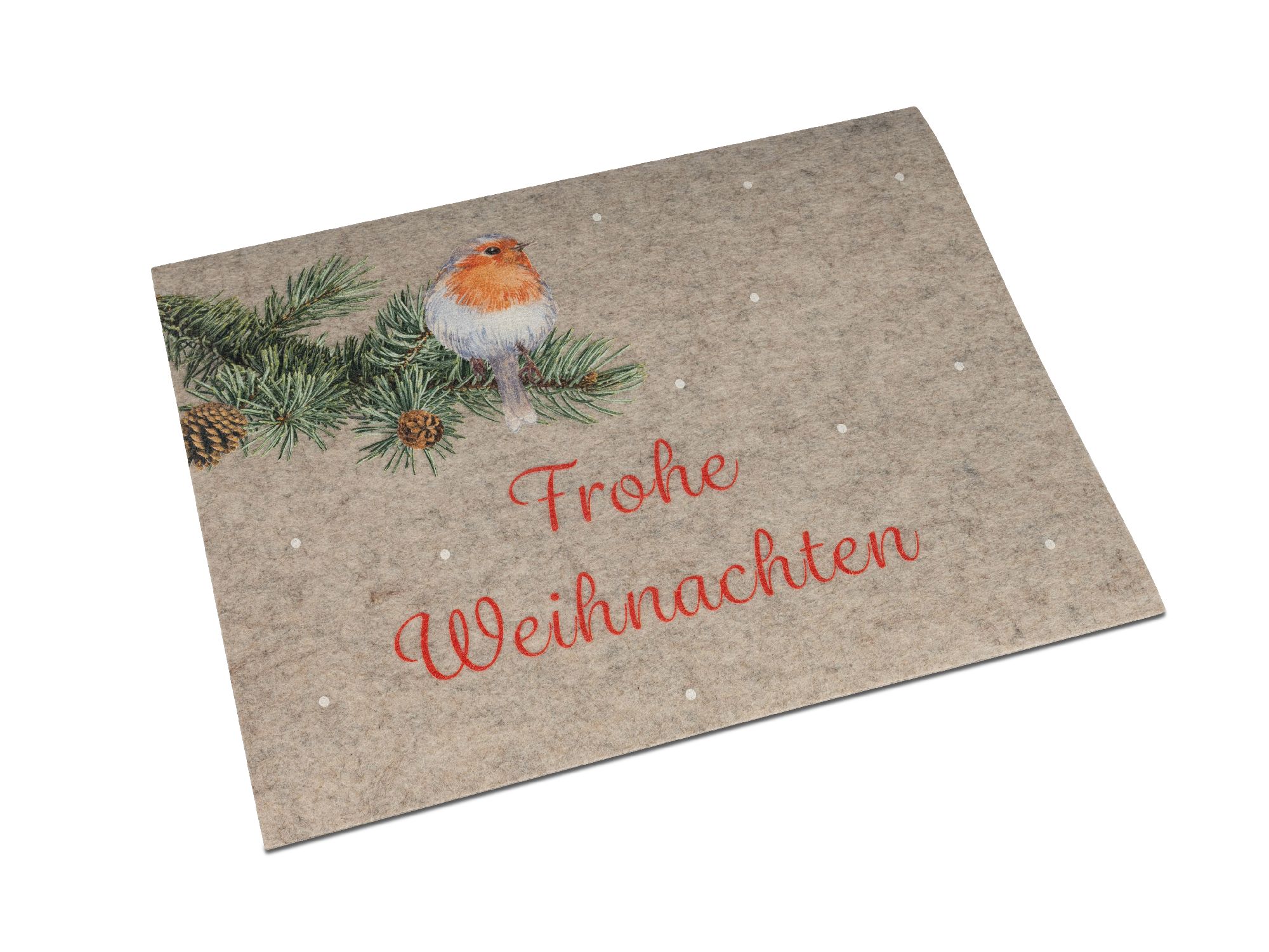 graues Platzset mit Rotkehlchen auf Zweig und Frohe Weihnachten Schrift