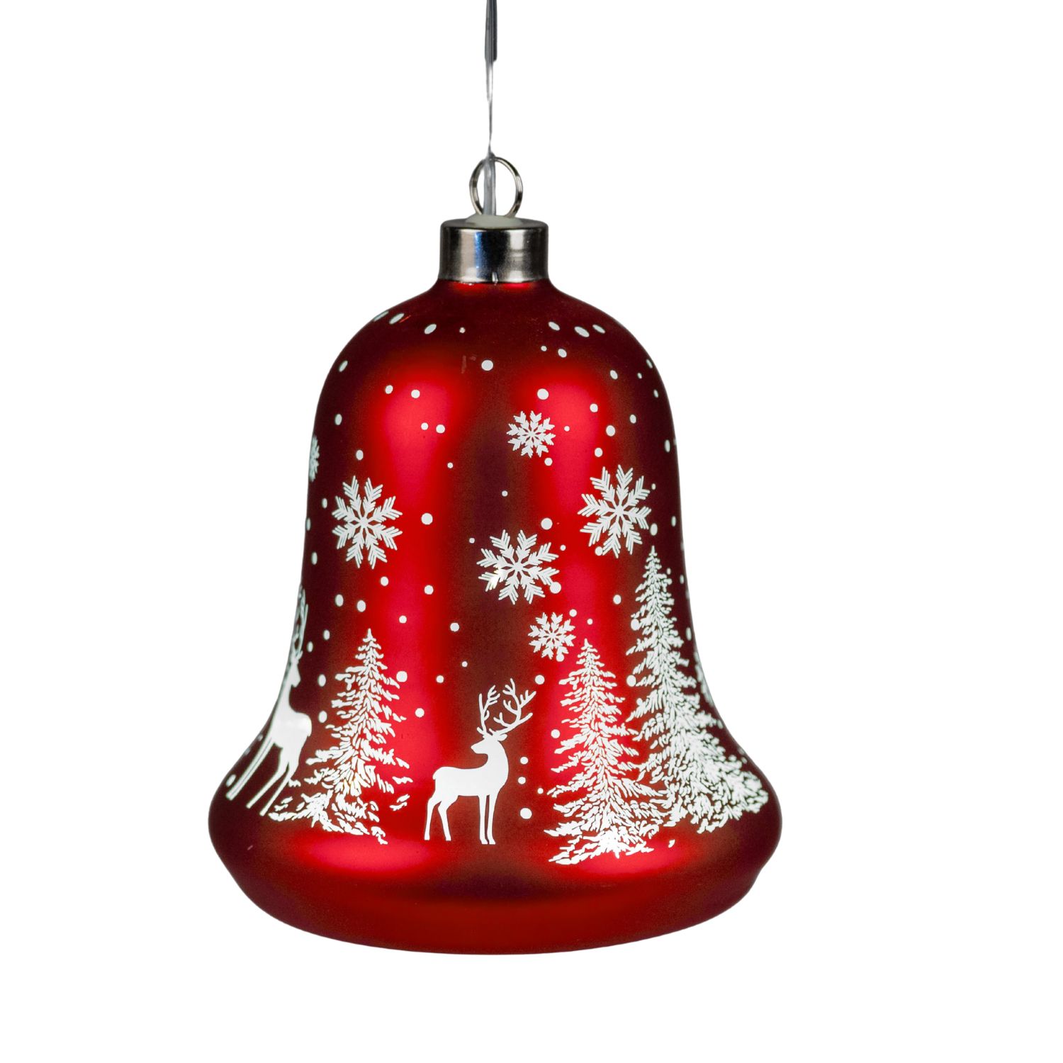 Glockenförmige Weihnachtskugel in Rot mit weißen Schneeflocken, Tannen und Rentiermotiv