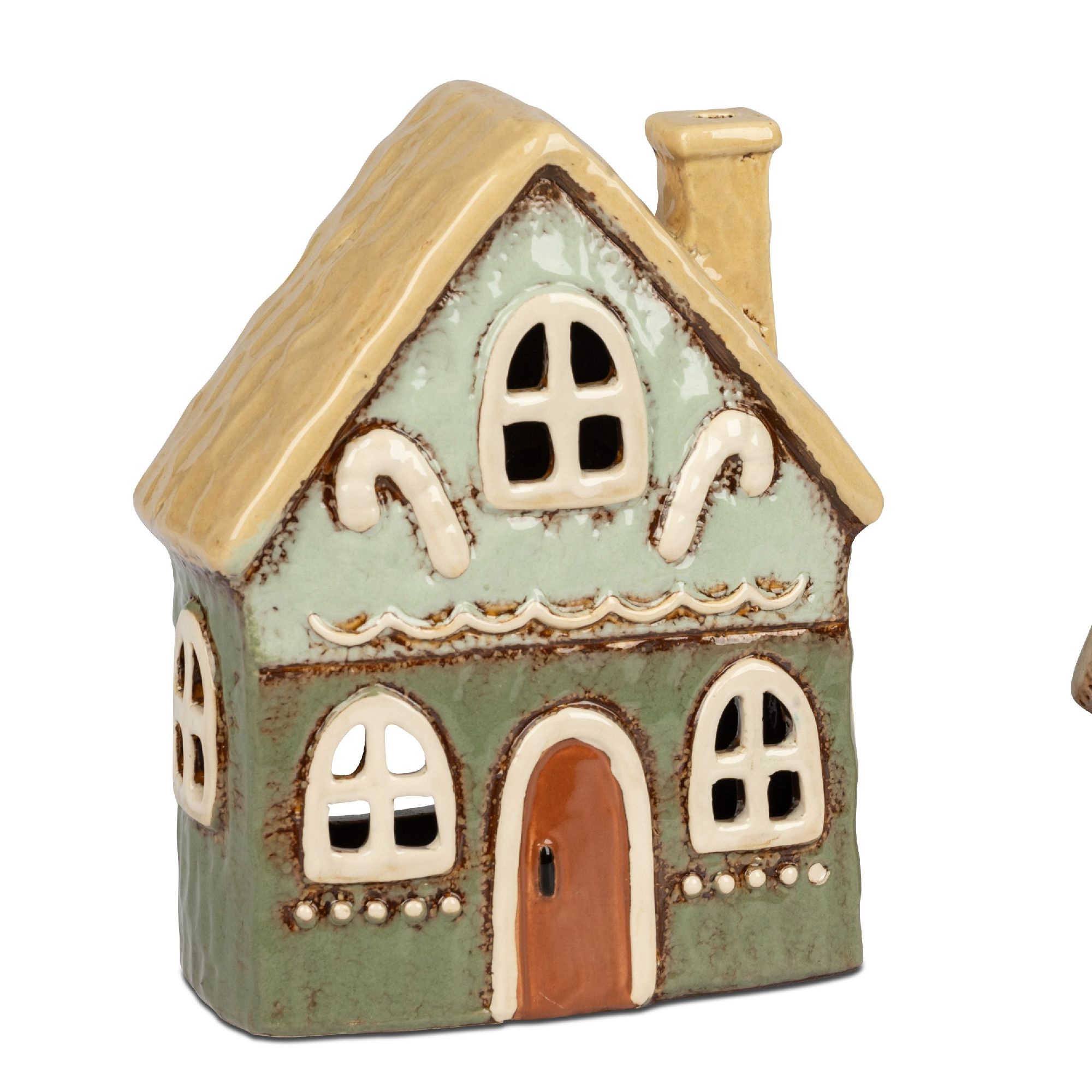 Keramisches Haus in Grün und Beige mit einem Satteldach, mehreren Fenstern und einer braunen Tür.